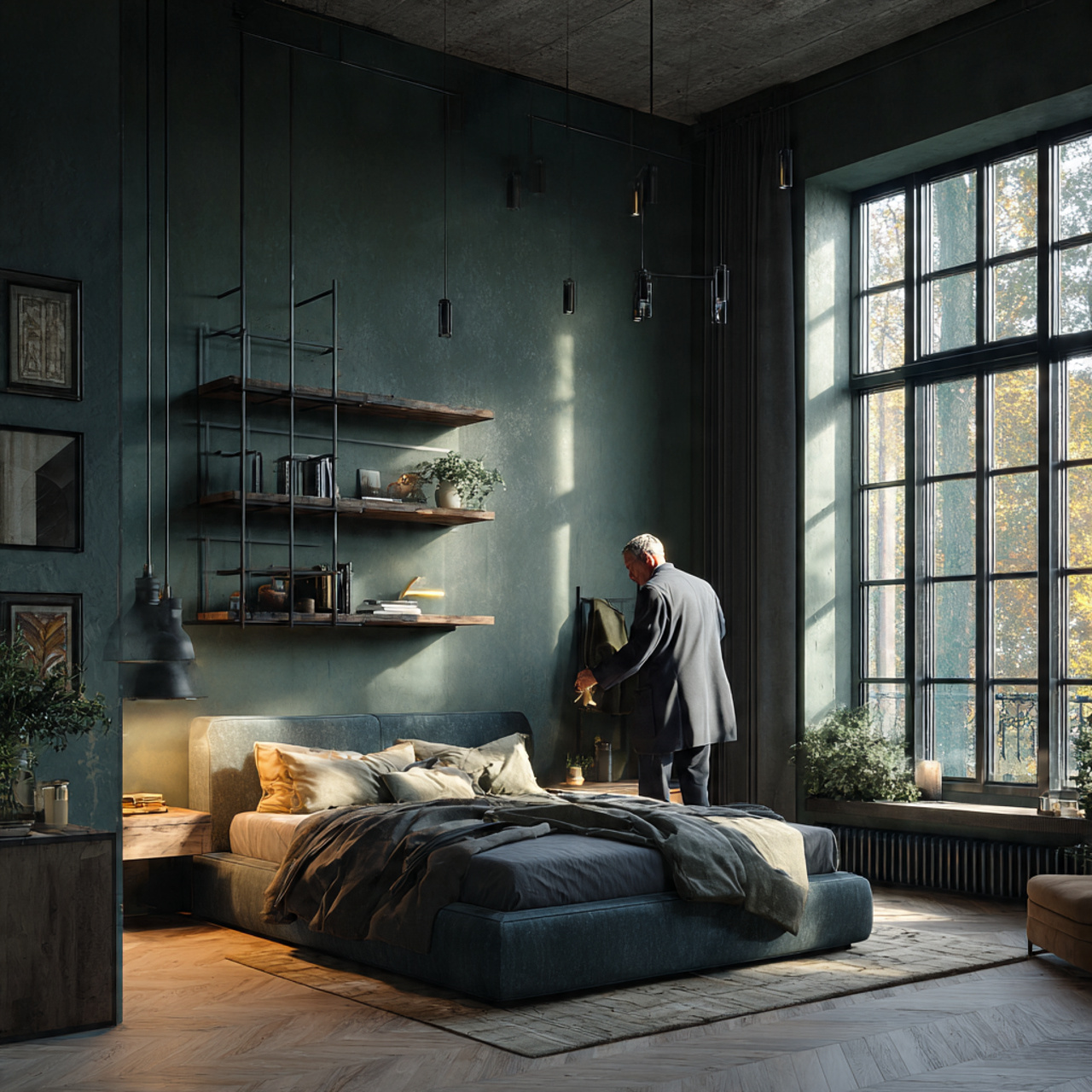 25 Best Dark Green Bedroom Ideas for a Luxe & Relaxing Space 17 modern bedroom with industrial style dark green metal