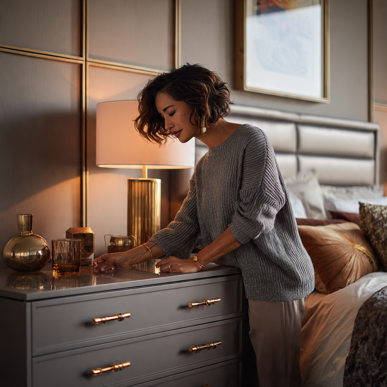 modern bedroom with subtle metallic gold accents