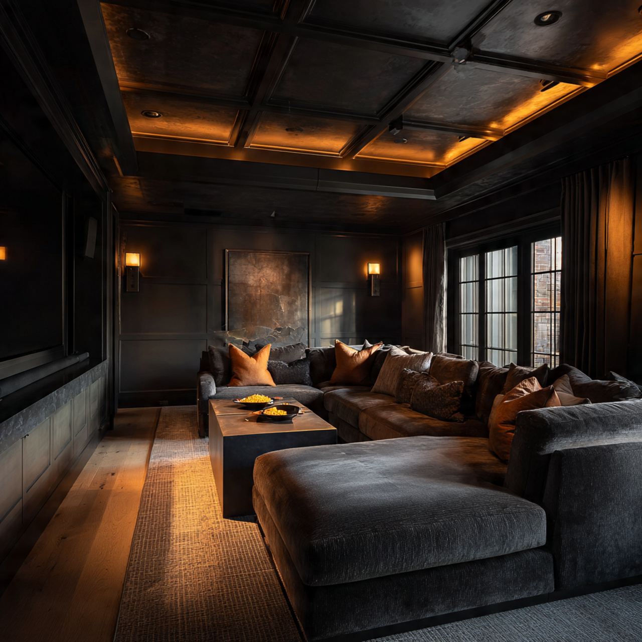 25 Stunning Ceiling Design Ideas to Transform Any Room 17 modern media room with dark moody charcoal