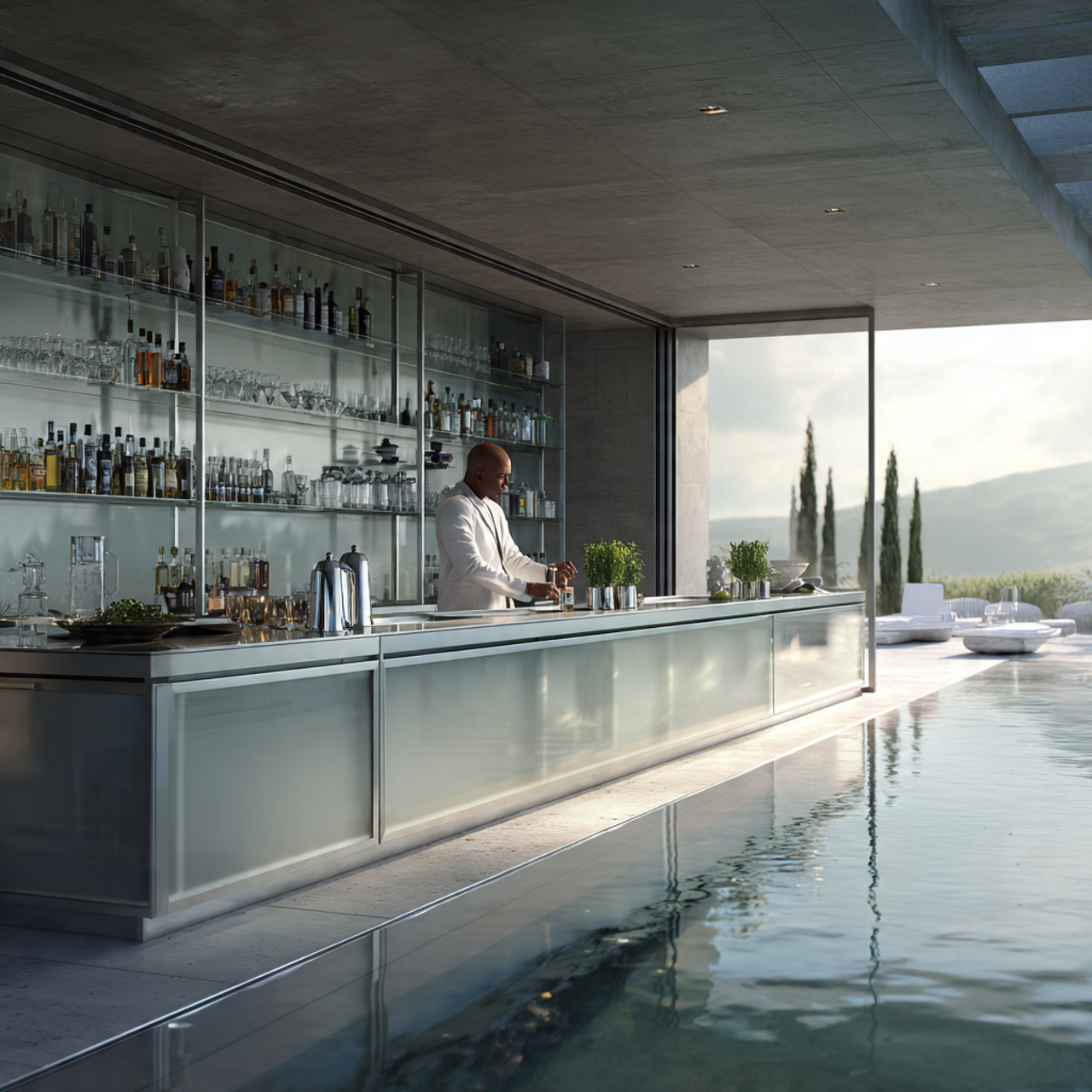 modern outdoor kitchen featuring glass and steel