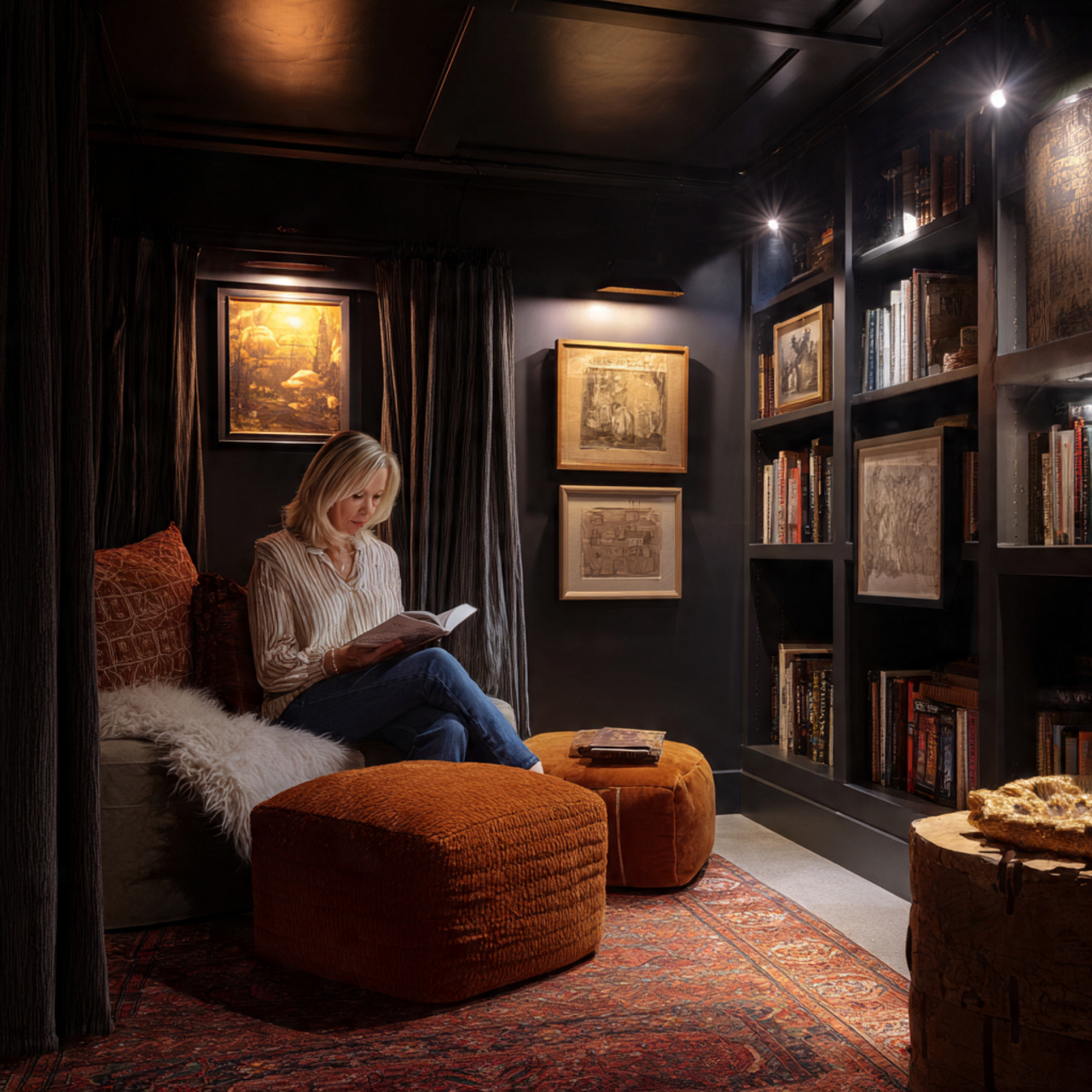 25 Inspiring Reading Room Ideas to Transform Your Space 5 moody basement reading room with deep painted