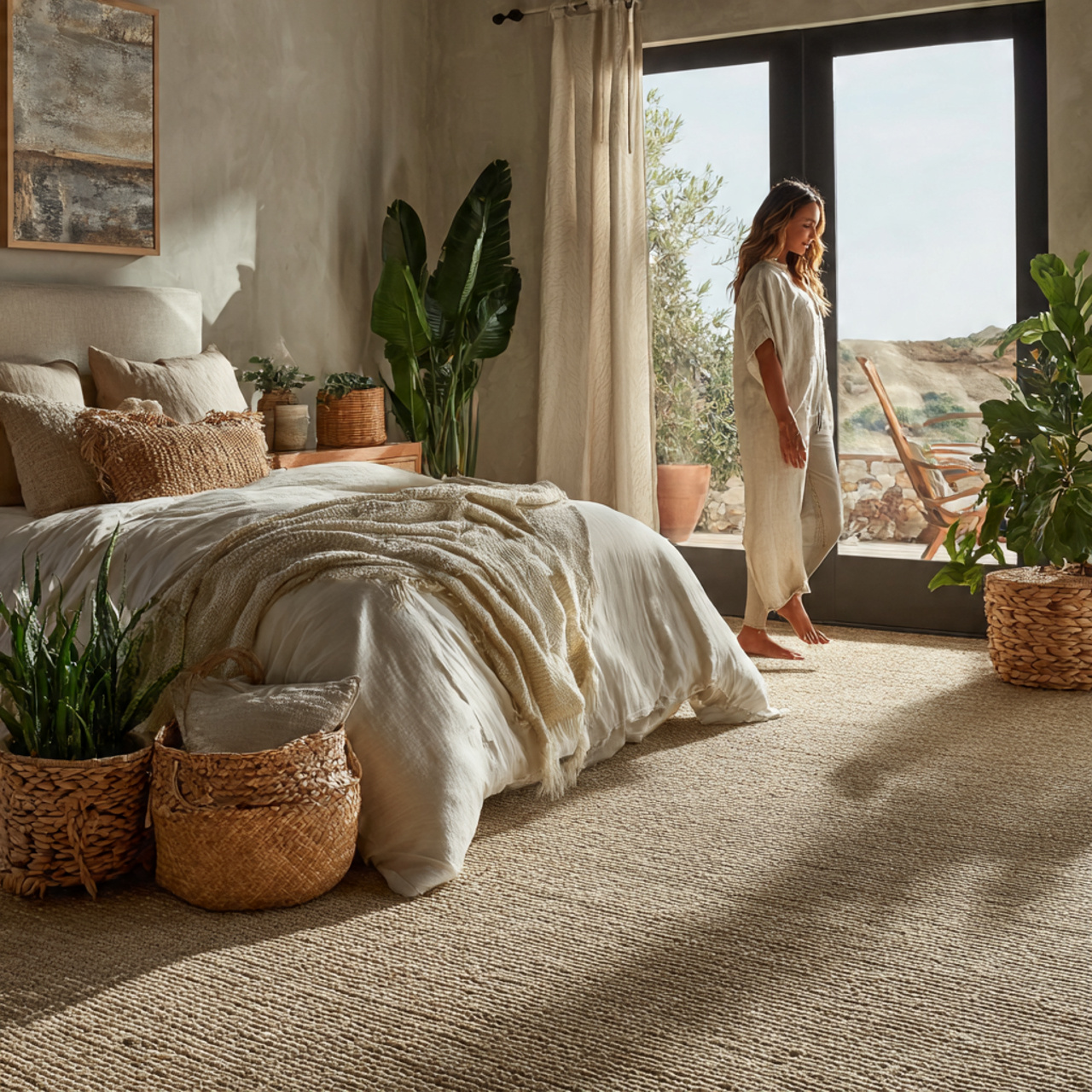 25 Bedroom Flooring Ideas That Inspire Serenity & Elegance 22 natural themed bedroom featuring sisal fiber flooring a