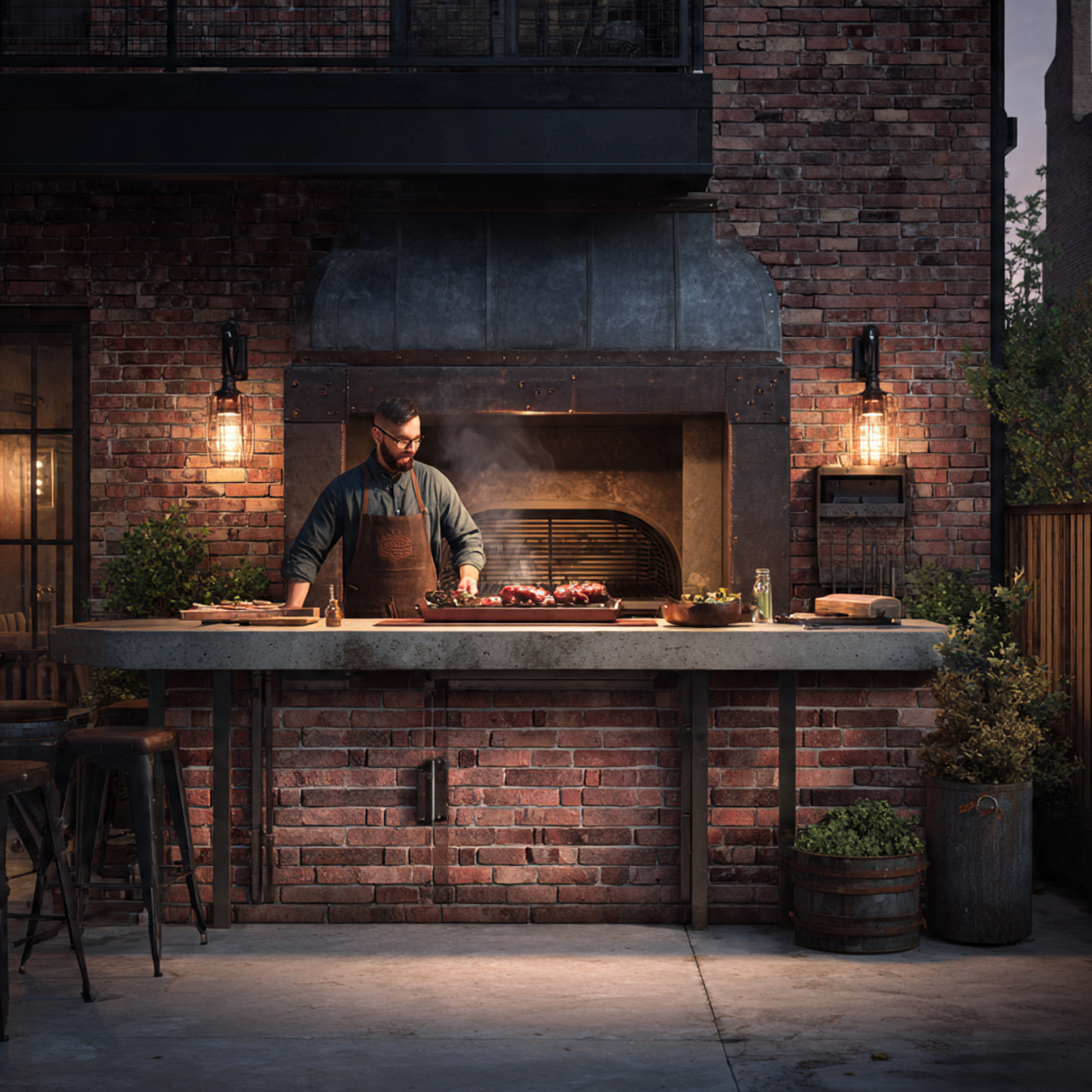 outdoor kitchen featuring an industrial brick grilling