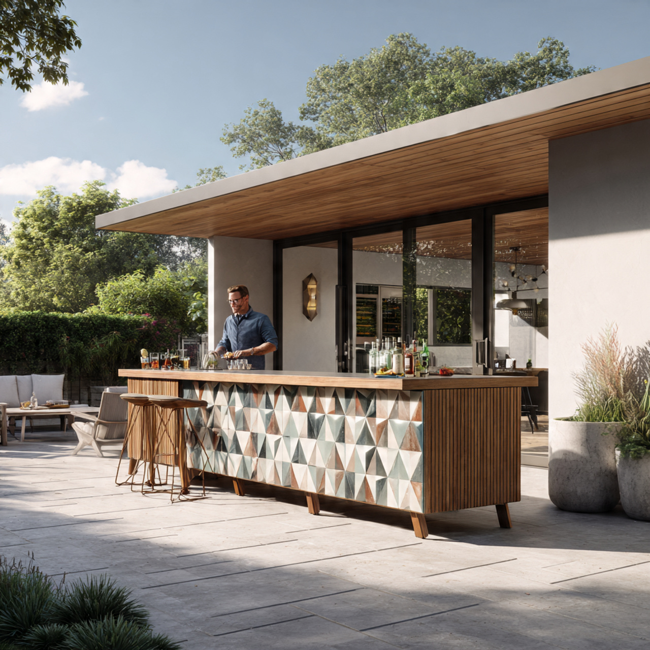 outdoor kitchen featuring mid century modern outdoor bar