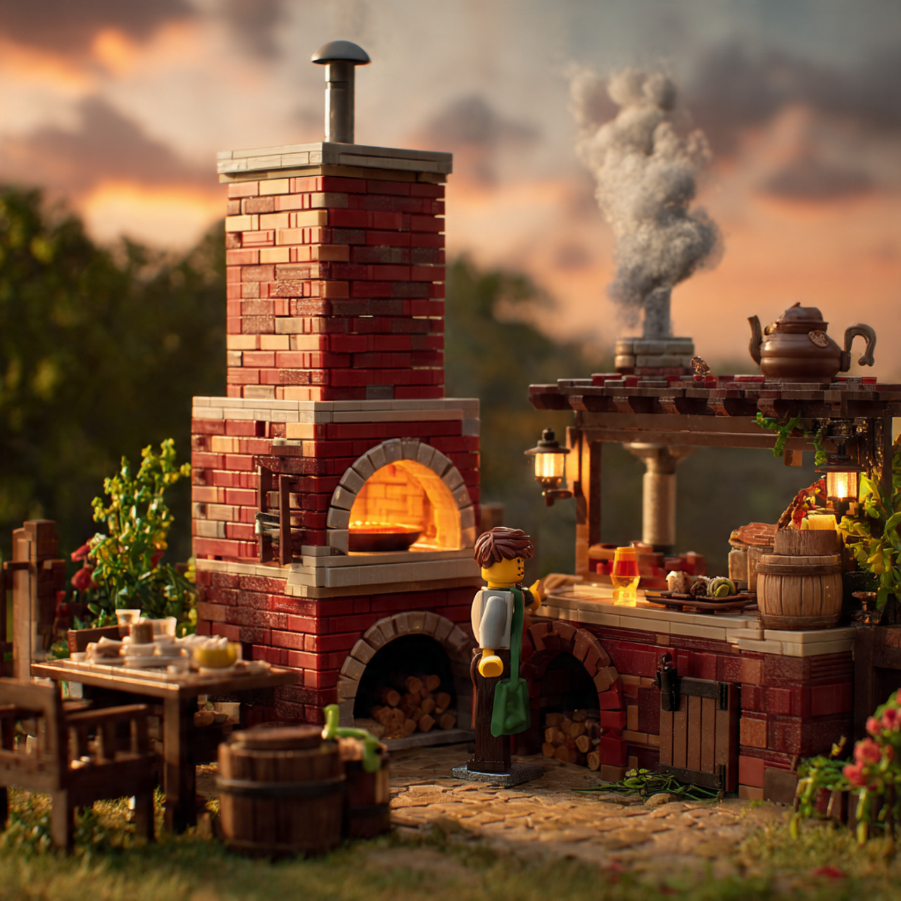 outdoor kitchen featuring traditional red brick smoker