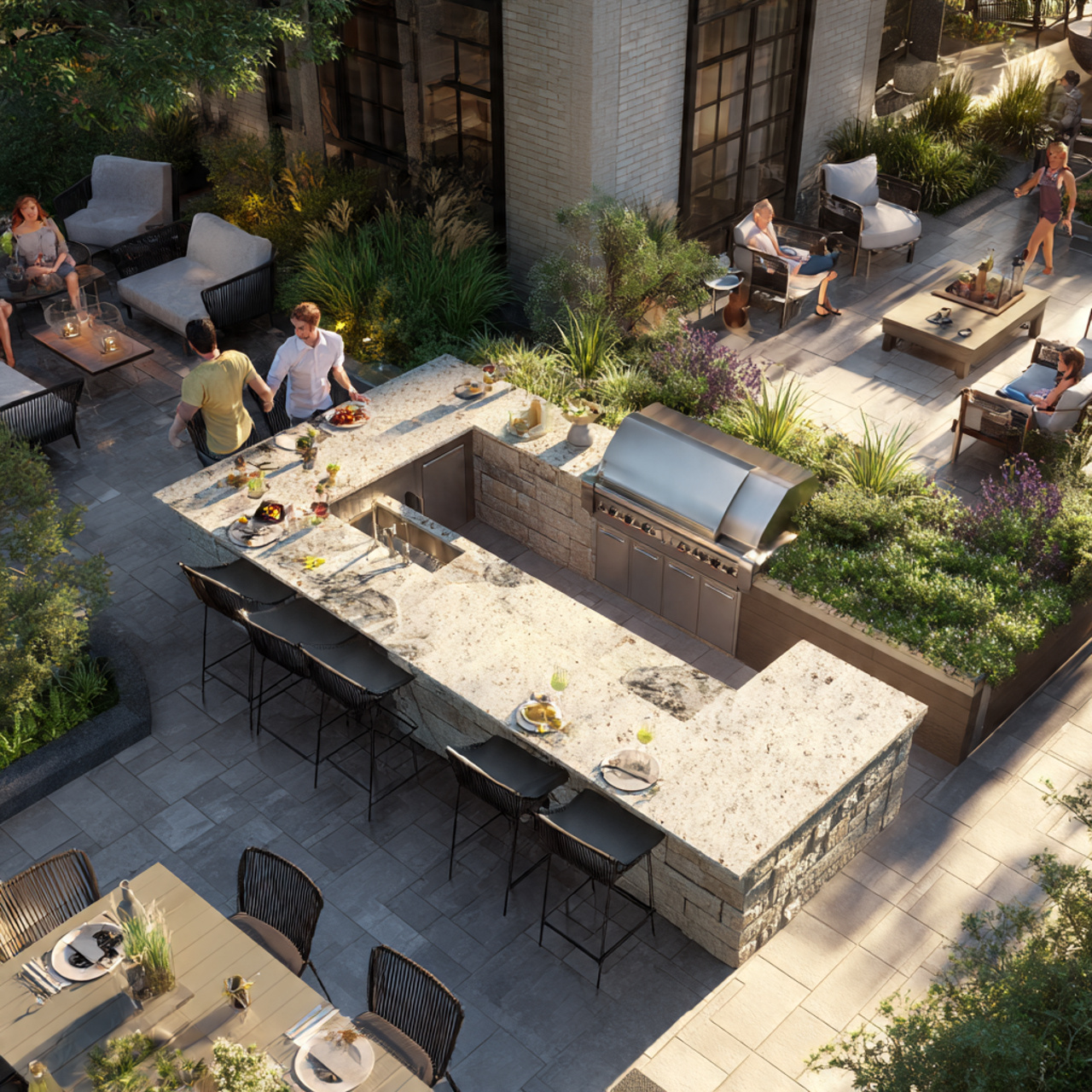 outdoor kitchen featuring wraparound granite bar seating
