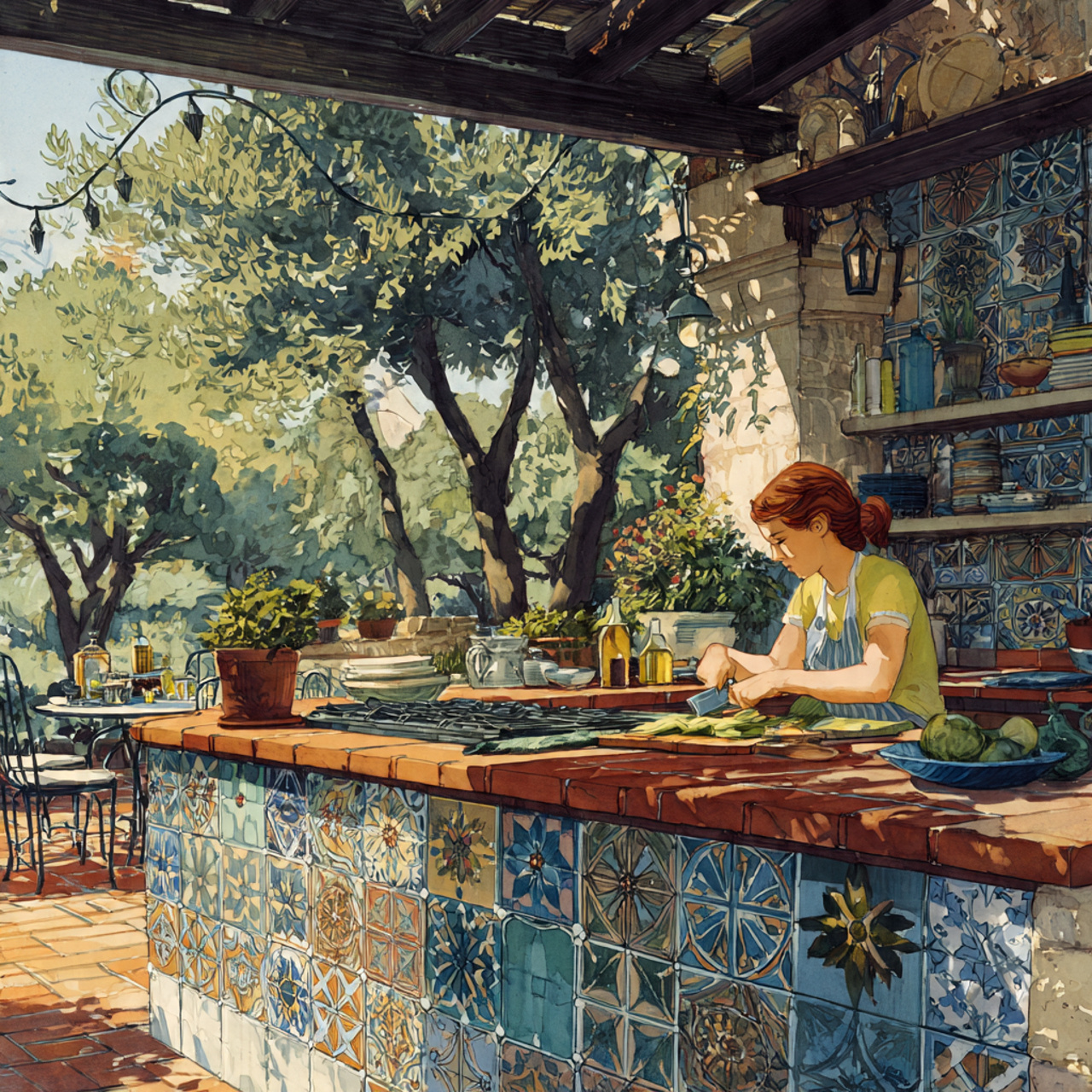 outdoor kitchen with mediterranean tiled prep area