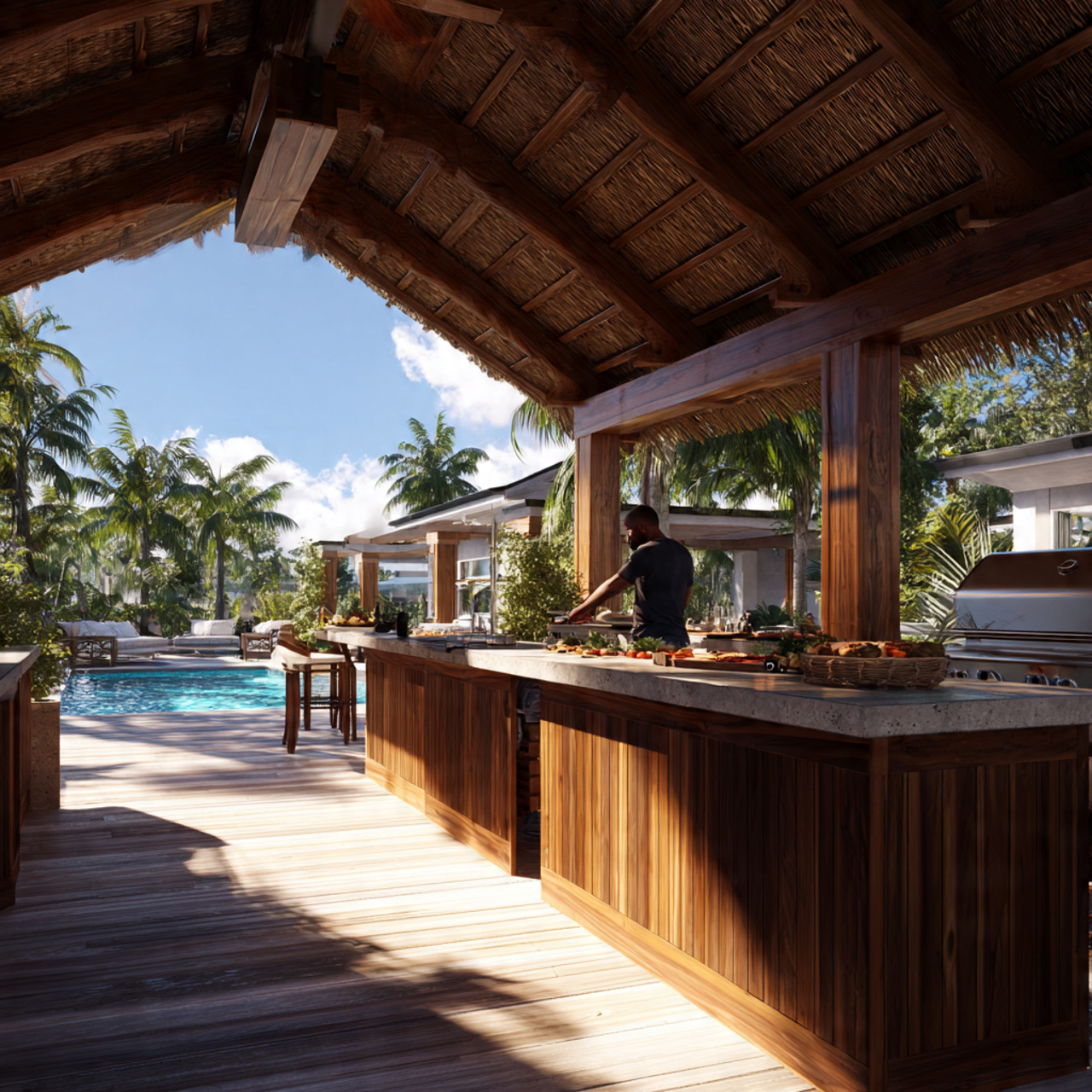 outdoor kitchen with tropical hardwood entertaining area