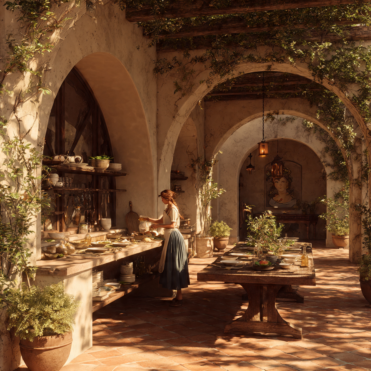outdoor kitchen with tuscan courtyard design plaster
