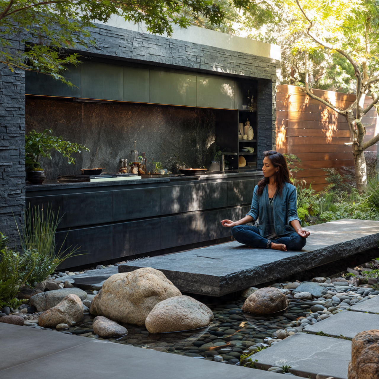 peaceful outdoor kitchen with zen inspired stone design
