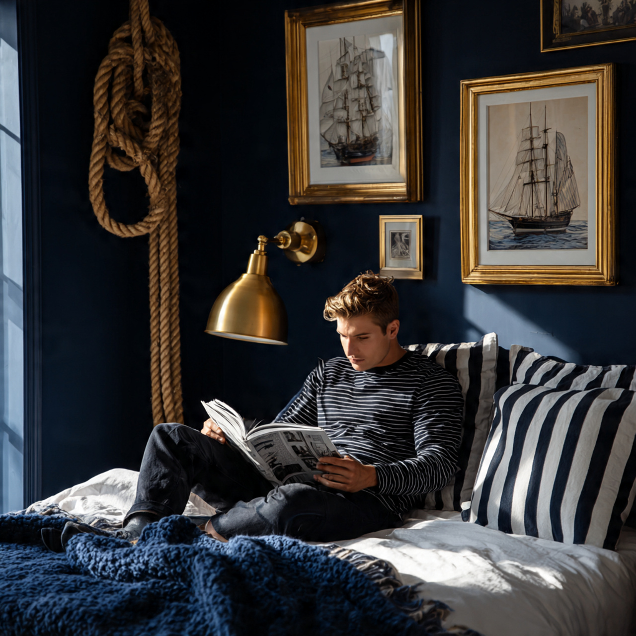 25 Creative Bedroom Ideas to Elevate Comfort & Style Instantly 24 realistic bedroom showcasing nautical navy and brass