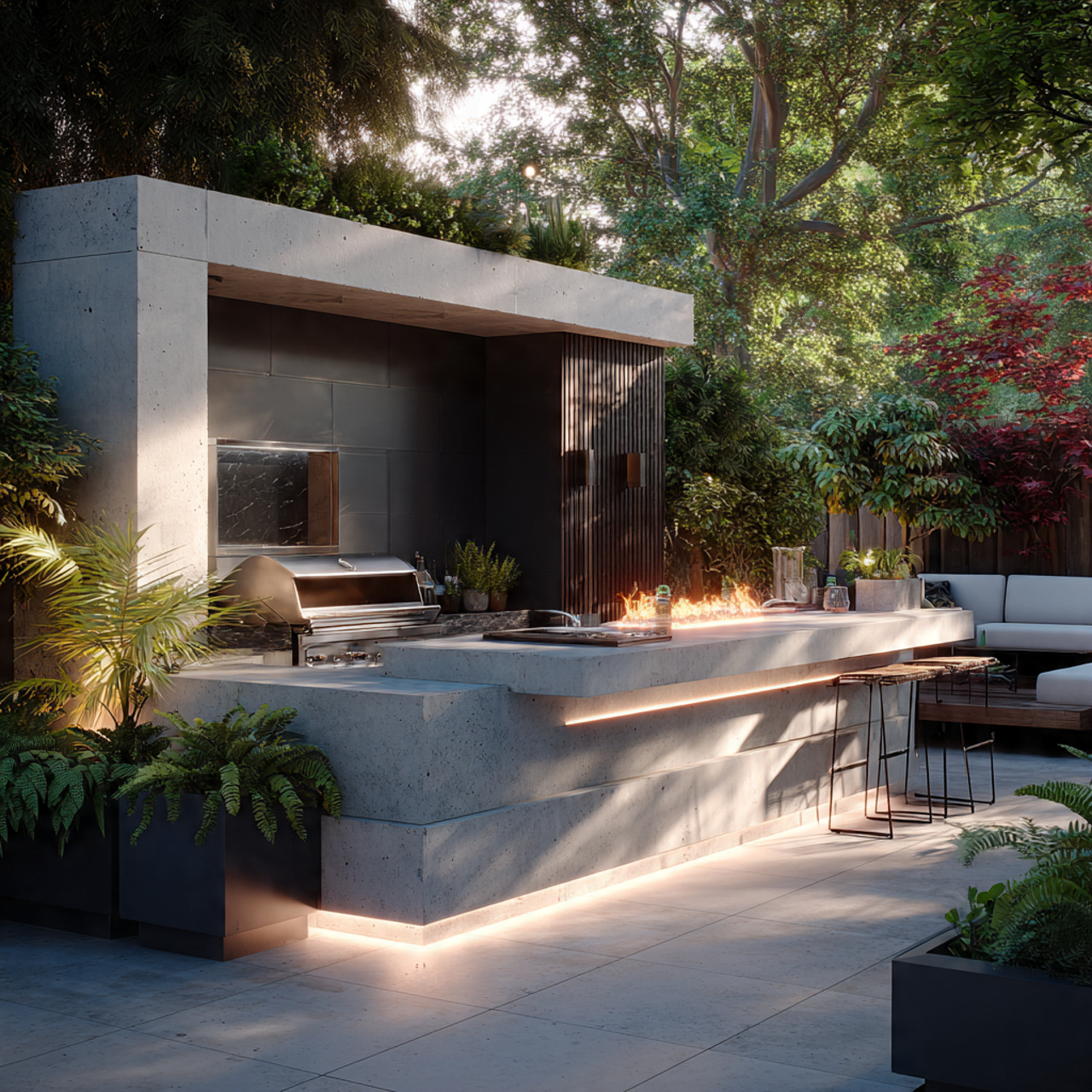 realistic outdoor kitchen featuring a modern minimalist 2