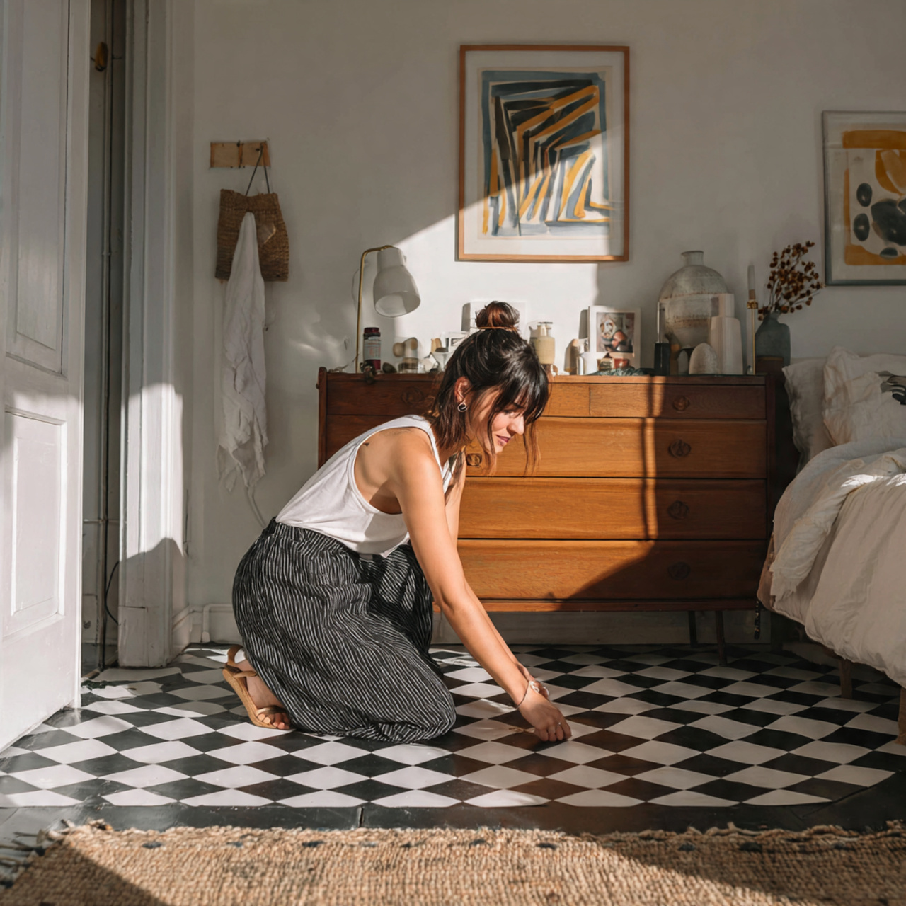 25 Bedroom Flooring Ideas That Inspire Serenity & Elegance 24 retro inspired bedroom with black and white checkerboard