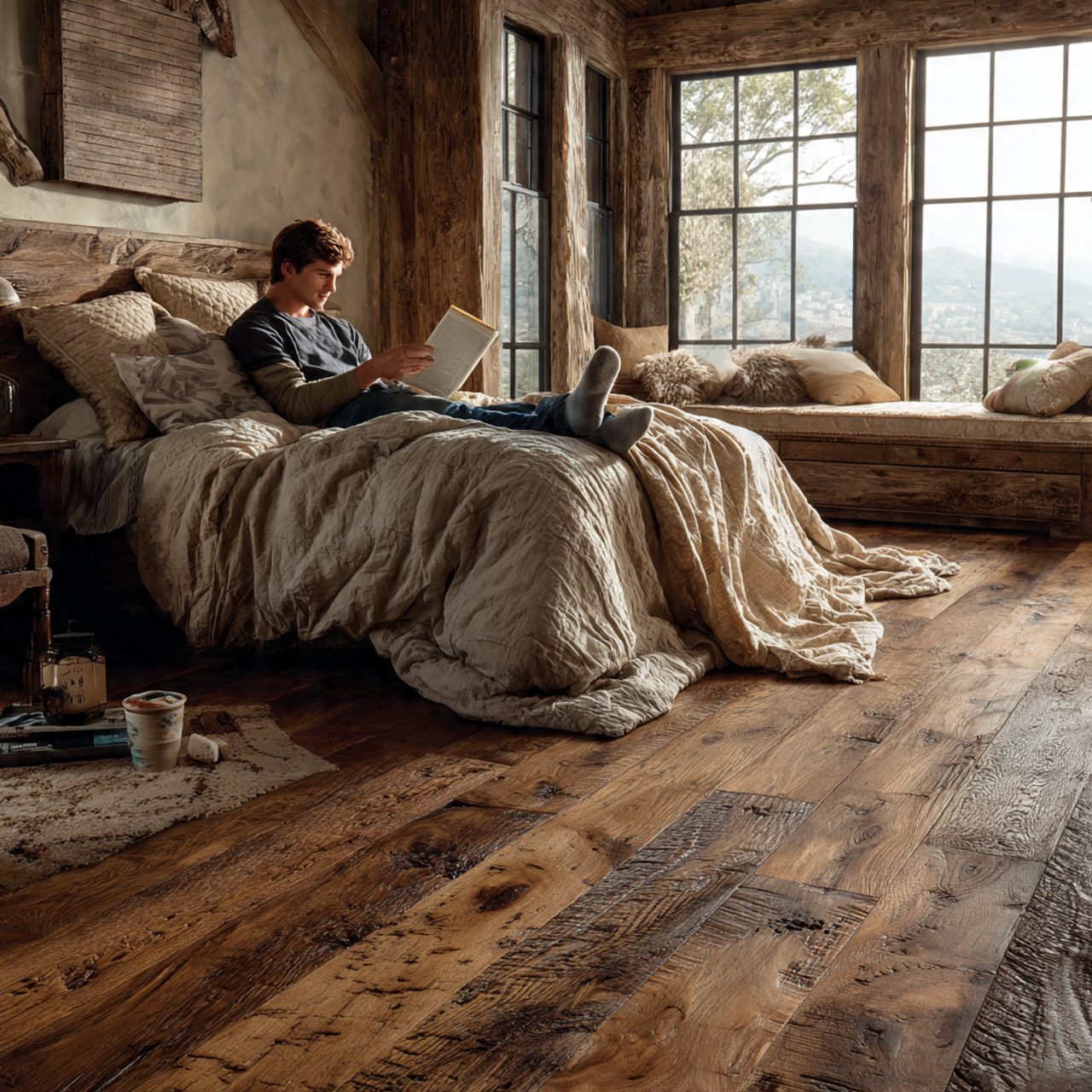 25 Bedroom Flooring Ideas That Inspire Serenity & Elegance 21 rustic bedroom with distressed hickory wood flooring