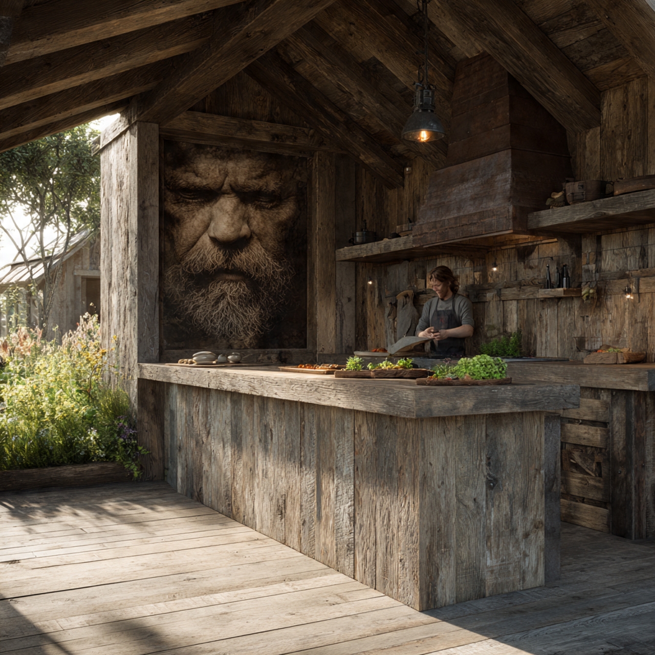 rustic outdoor kitchen with weathered barnwood cabinetry