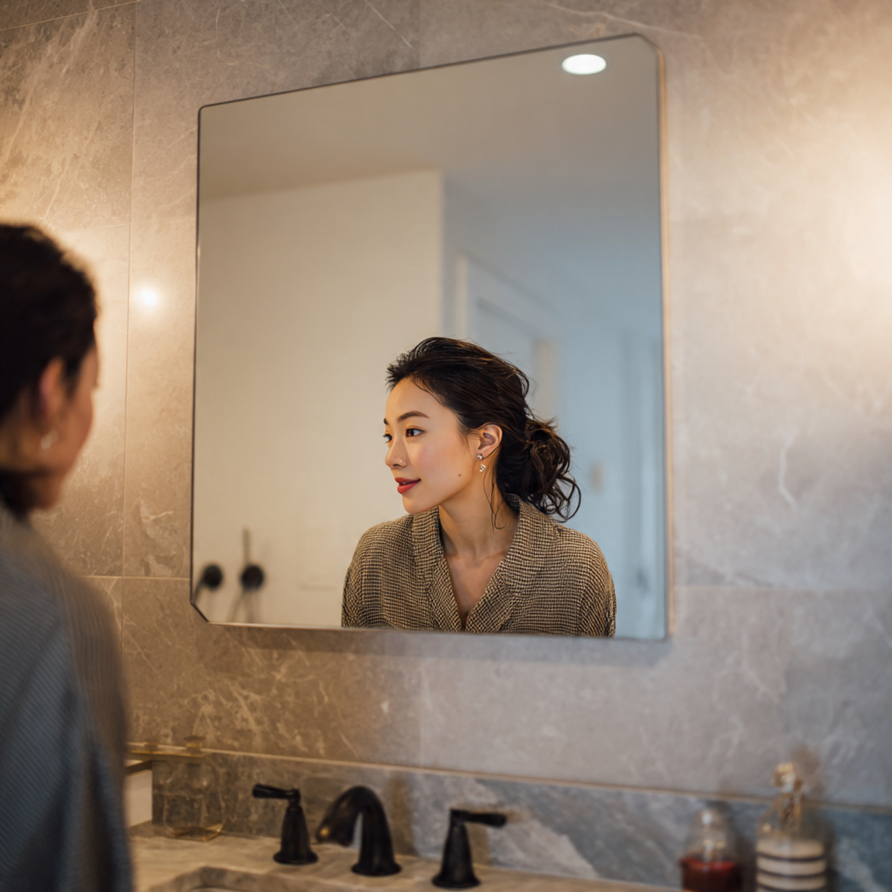 25 Bathroom Ideas for Stunning, Functional & Modern Bathrooms 13 showcasing a unique asymmetrical mirror modern vanity