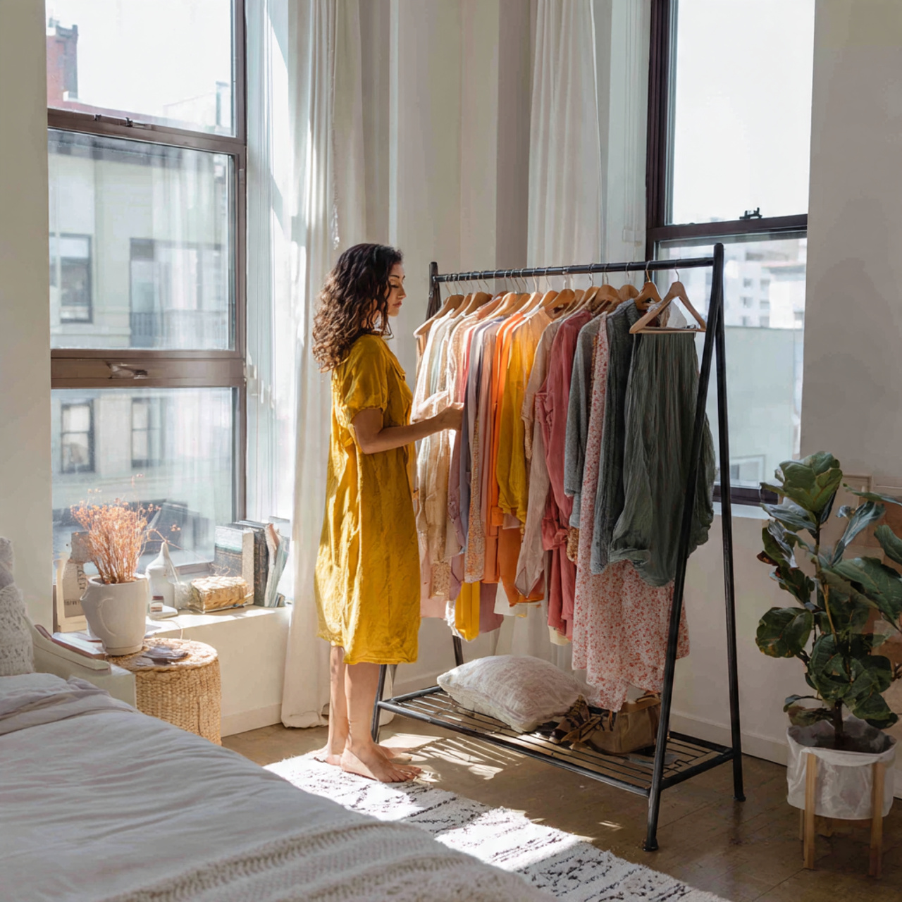 stylish bedroom with an open clothing rack 1