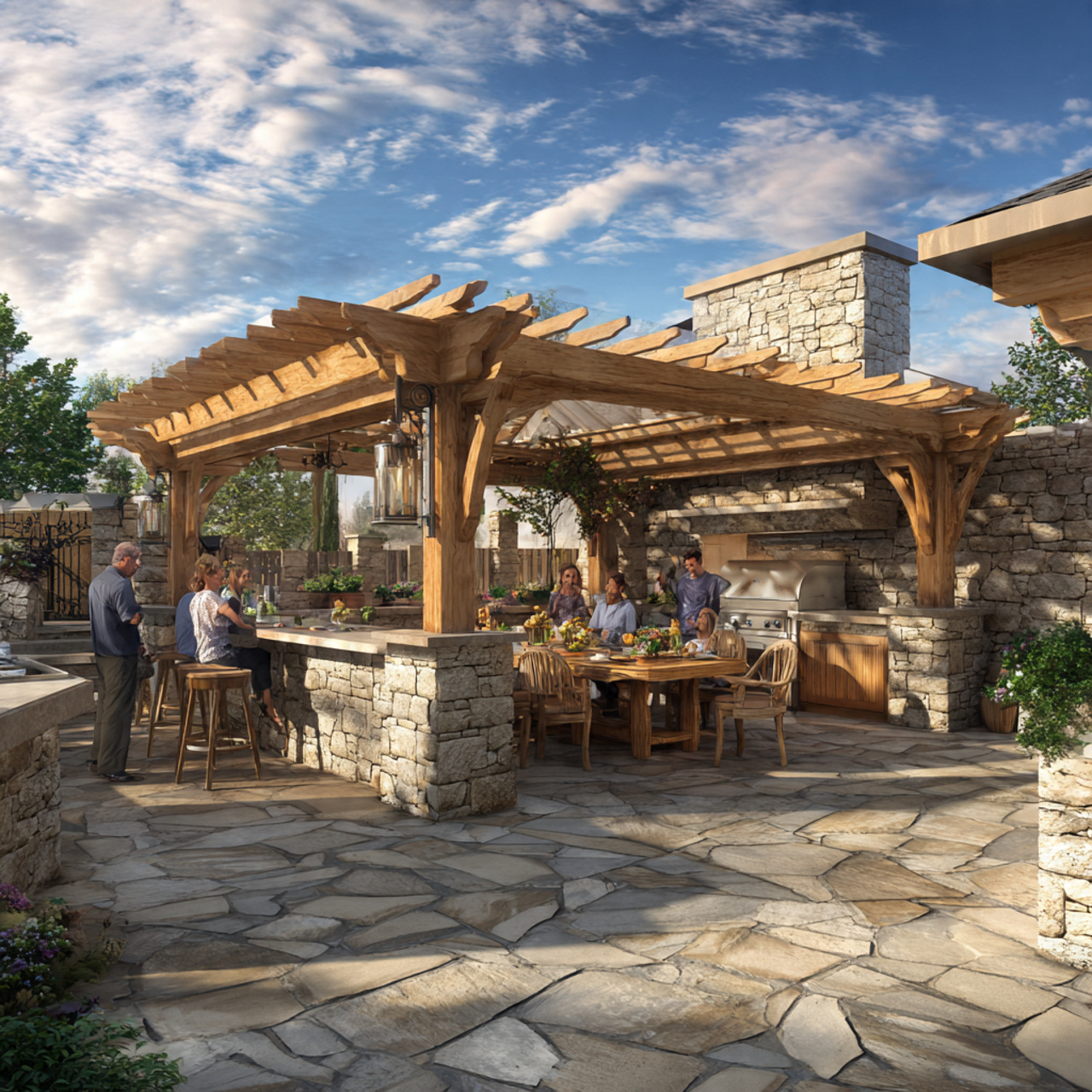 timeless outdoor kitchen with classic flagstone patio