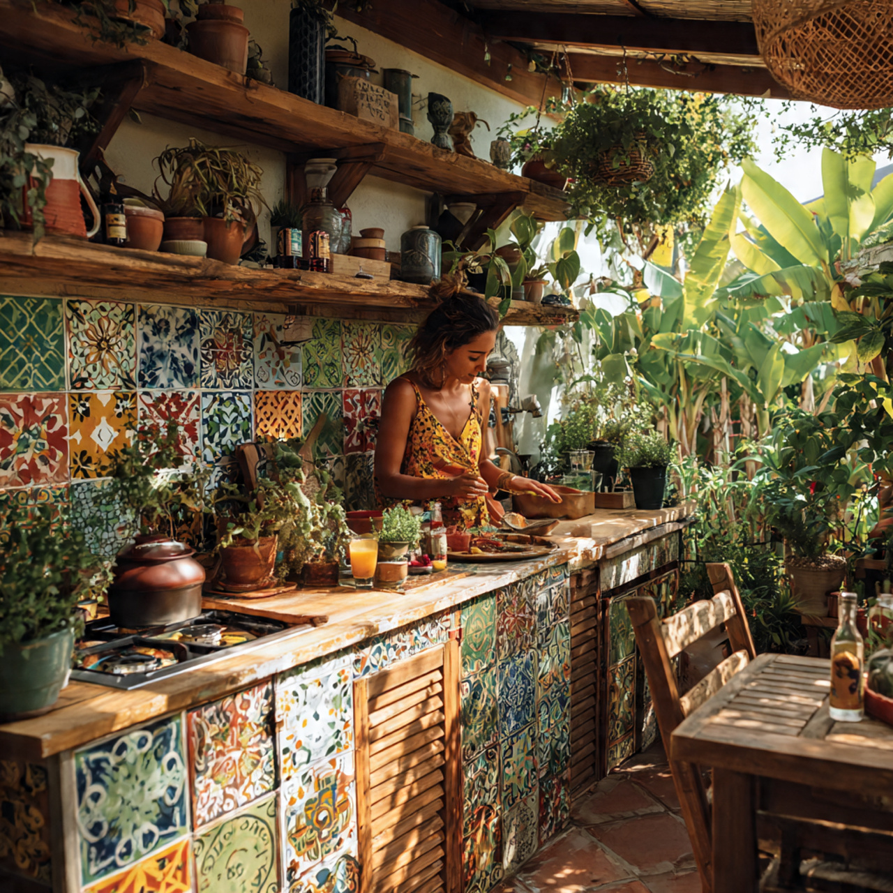 vibrant outdoor kitchen with bohemian tiled backsplash