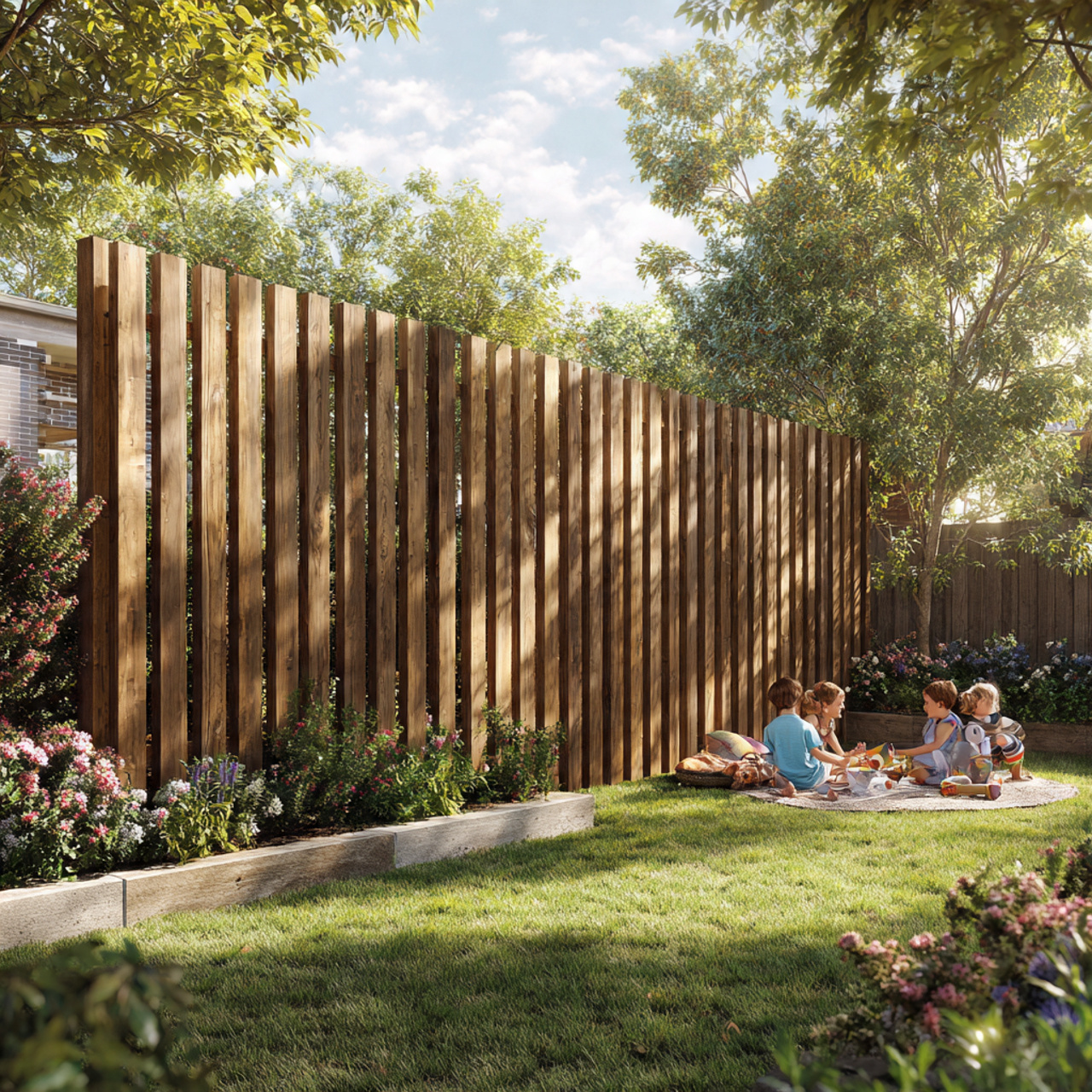 a backyard featuring a tall vertical cedar