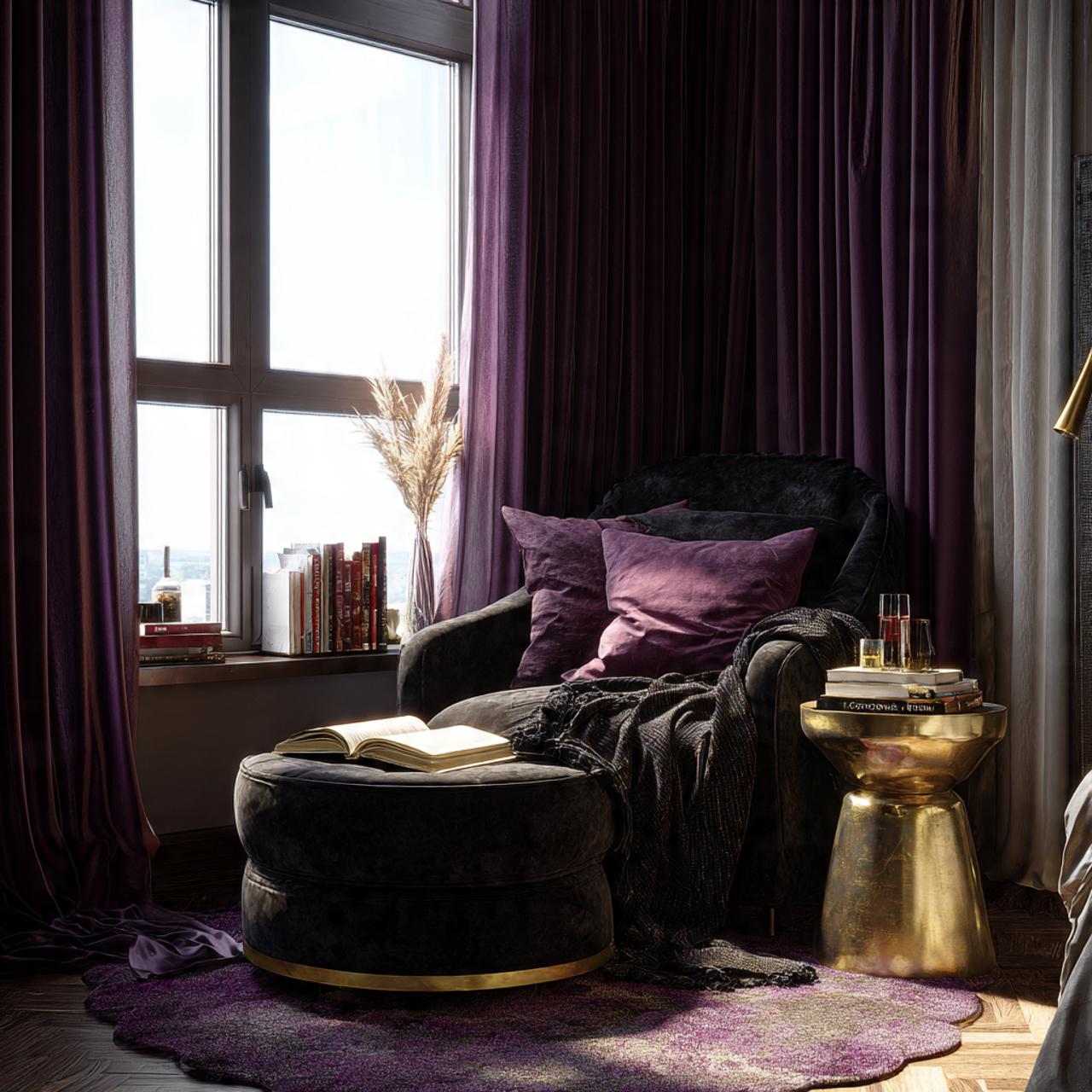 25 Purple Bedroom Decor Ideas That Feel Luxurious, Calm & Stylish 13 a bedroom corner with a blackberry velvet