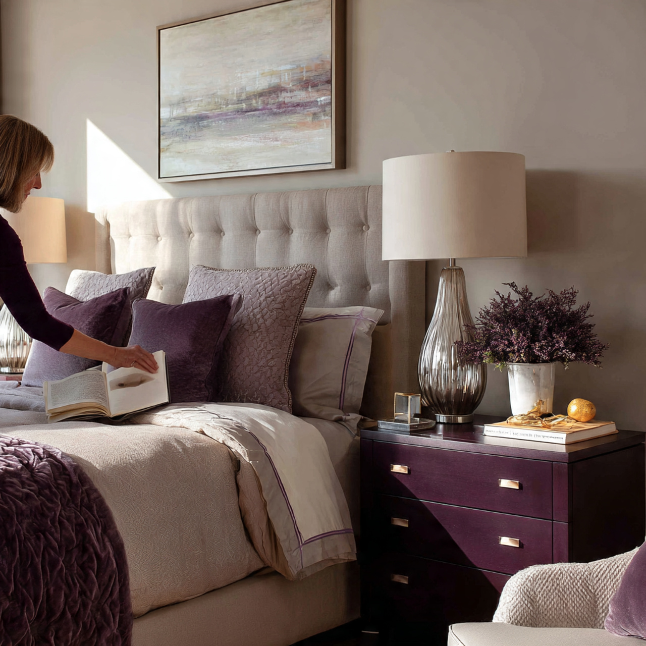 25 Purple Bedroom Decor Ideas That Feel Luxurious, Calm & Stylish 10 a bedroom featuring eggplant colored nightstands on each