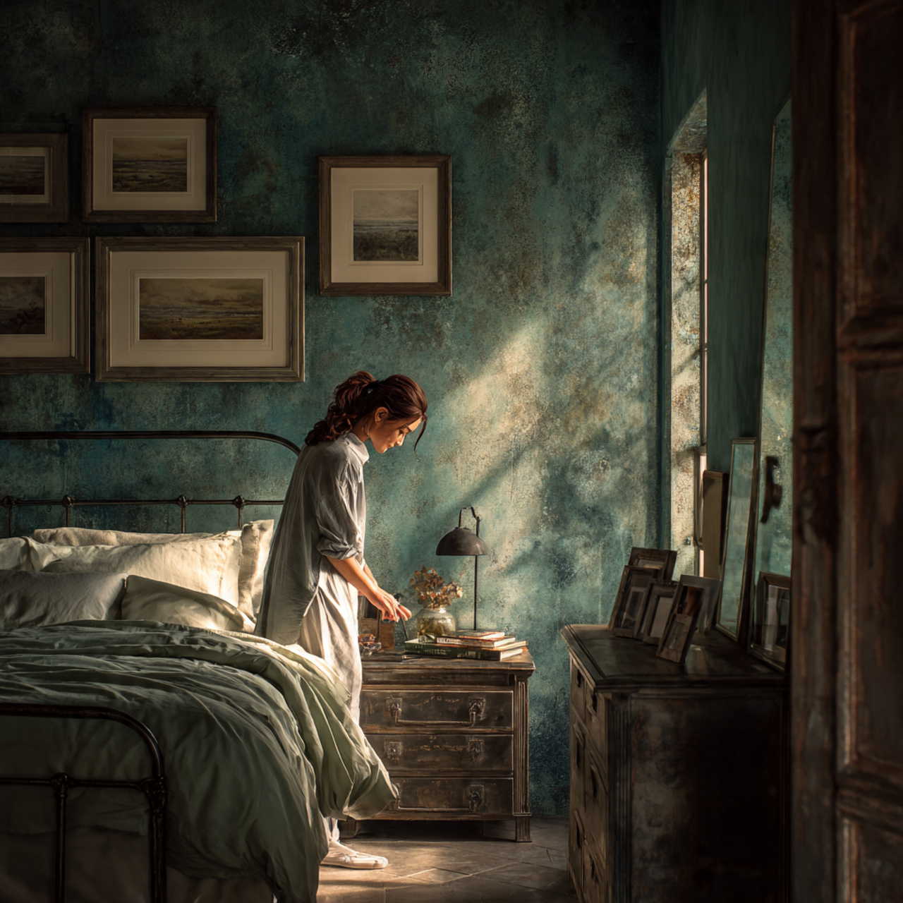 a bedroom featuring verdigris metal picture frames