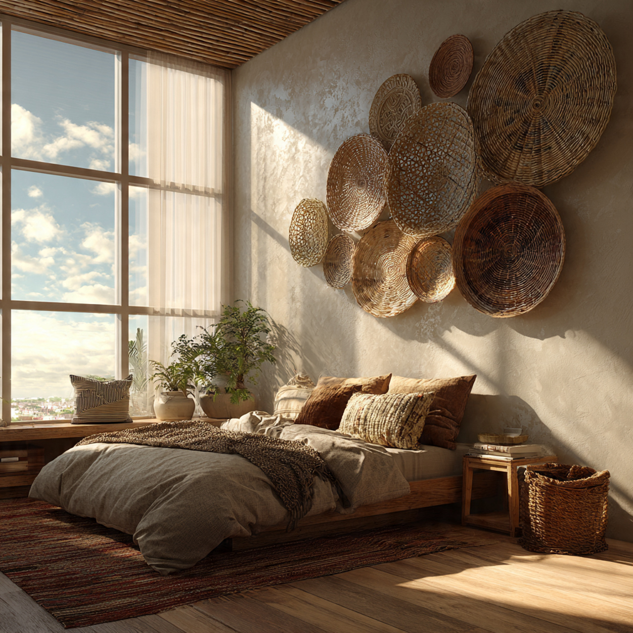 a bedroom wall decorated with overlapping woven