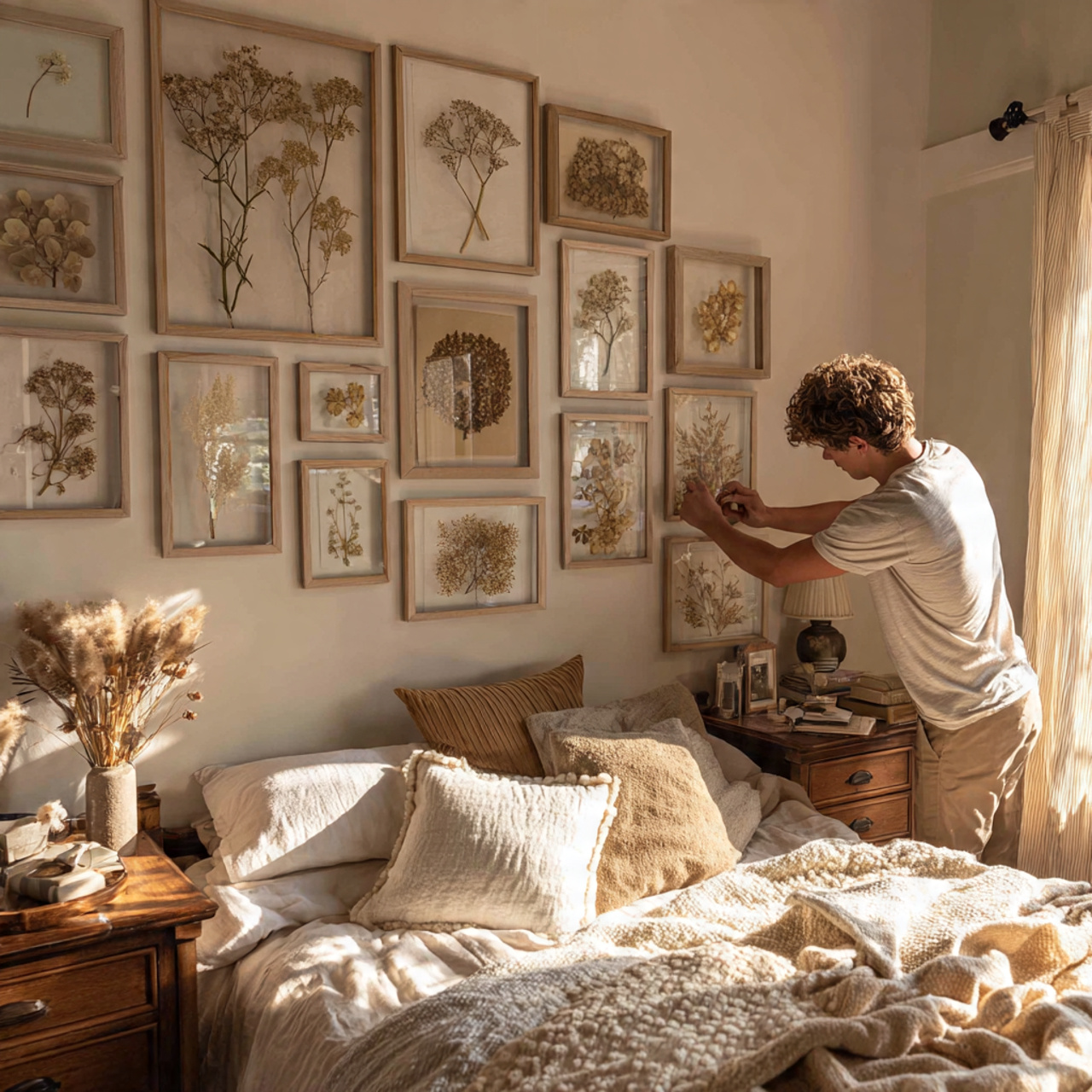 a bedroom wall decorated with pressed wildflowers