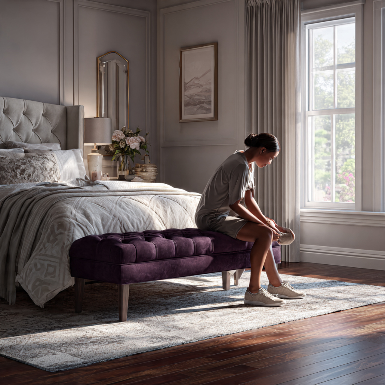 25 Purple Bedroom Decor Ideas That Feel Luxurious, Calm & Stylish 9 a bedroom with a deep violet bench