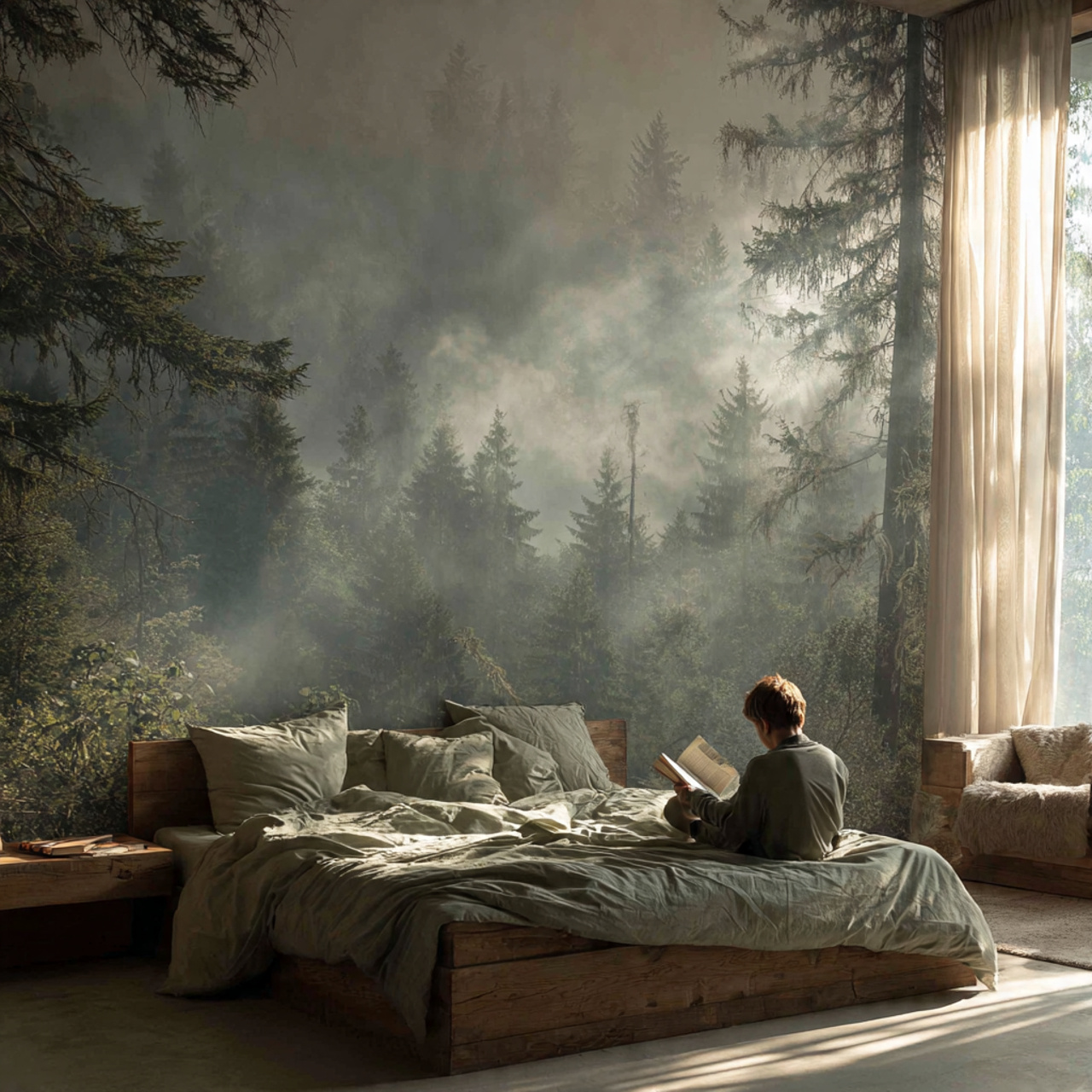 a bedroom with a large misty pine