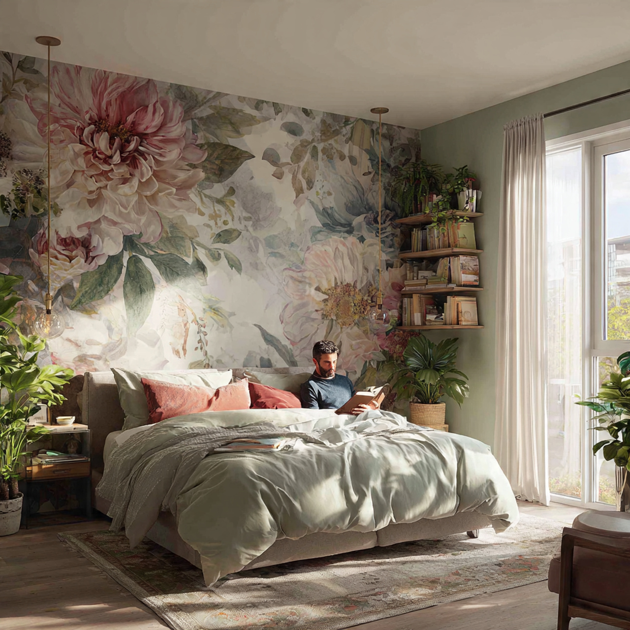 a bedroom with a removable large scale floral