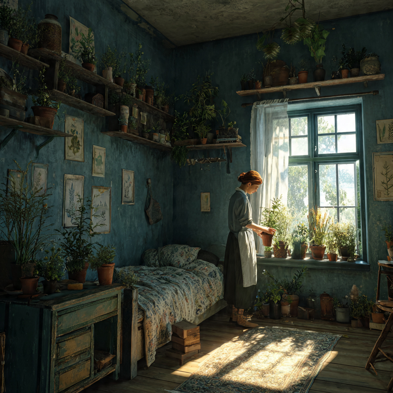 a bedroom with dusty blue green juniper toned walls