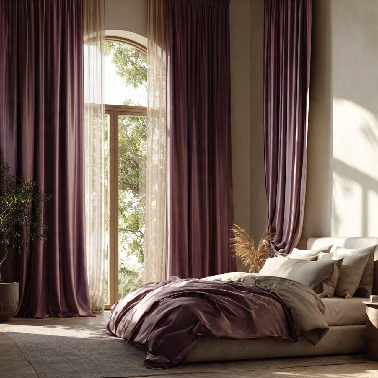 25 Purple Bedroom Decor Ideas That Feel Luxurious, Calm & Stylish 4 a bedroom with flowing plum silk curtains