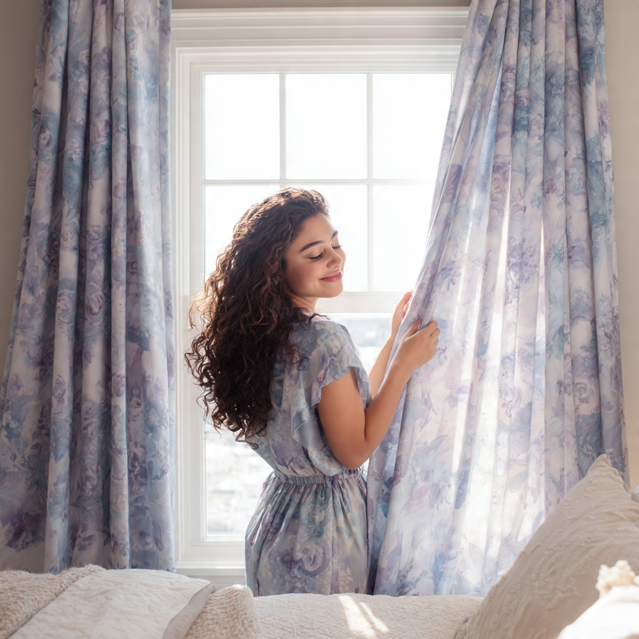 25 Blue Bedroom Decor Ideas That Inspire Calm, Style & Luxury 23 a bedroom with periwinkle blue floral curtains