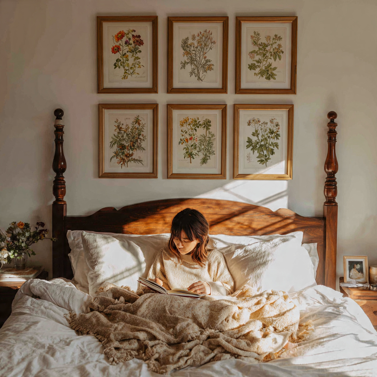 a bedroom with several vintage botanical prints