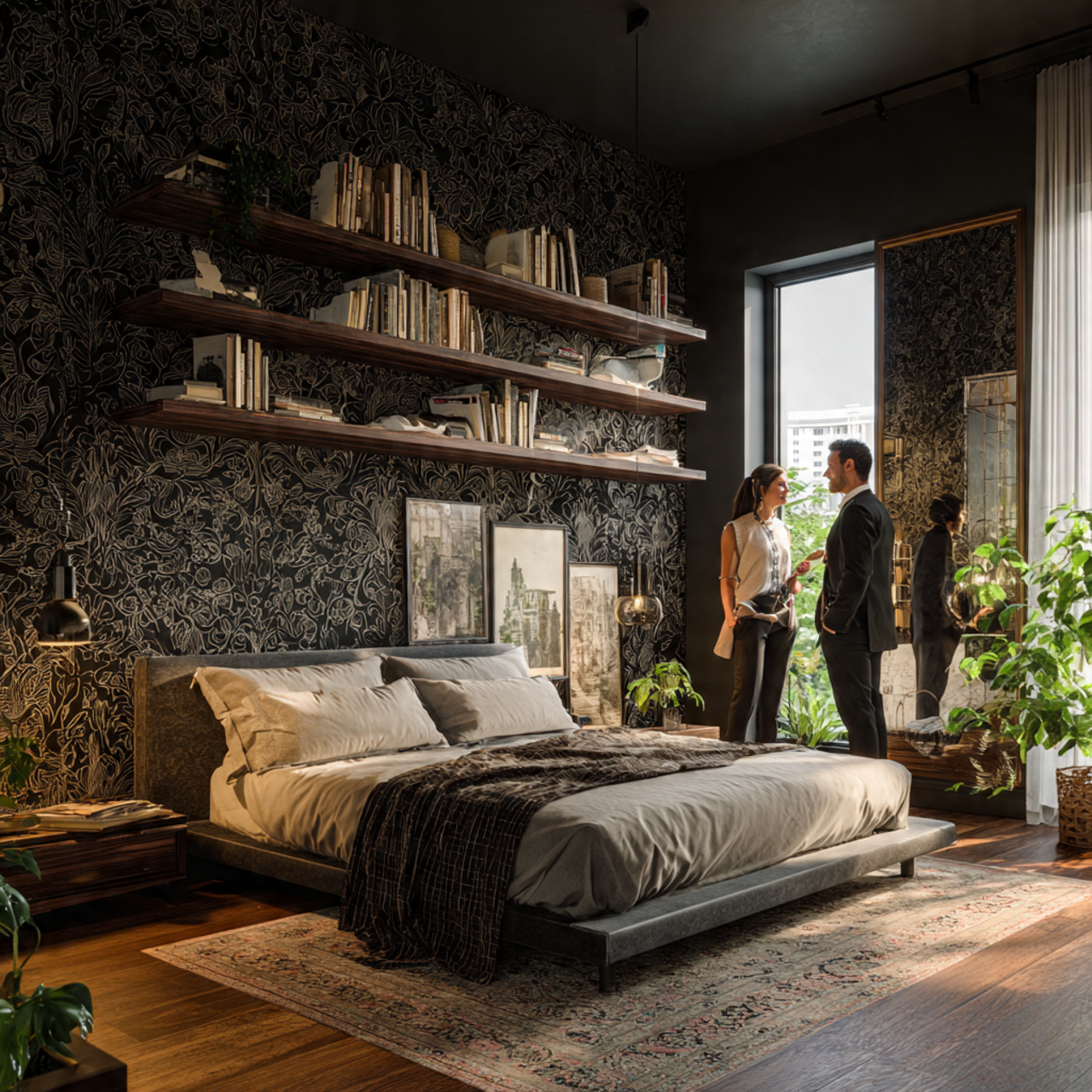 25 Black Bedroom Decor Ideas for a Bold & Luxurious Space 4 a black themed bedroom with elegant dark floral