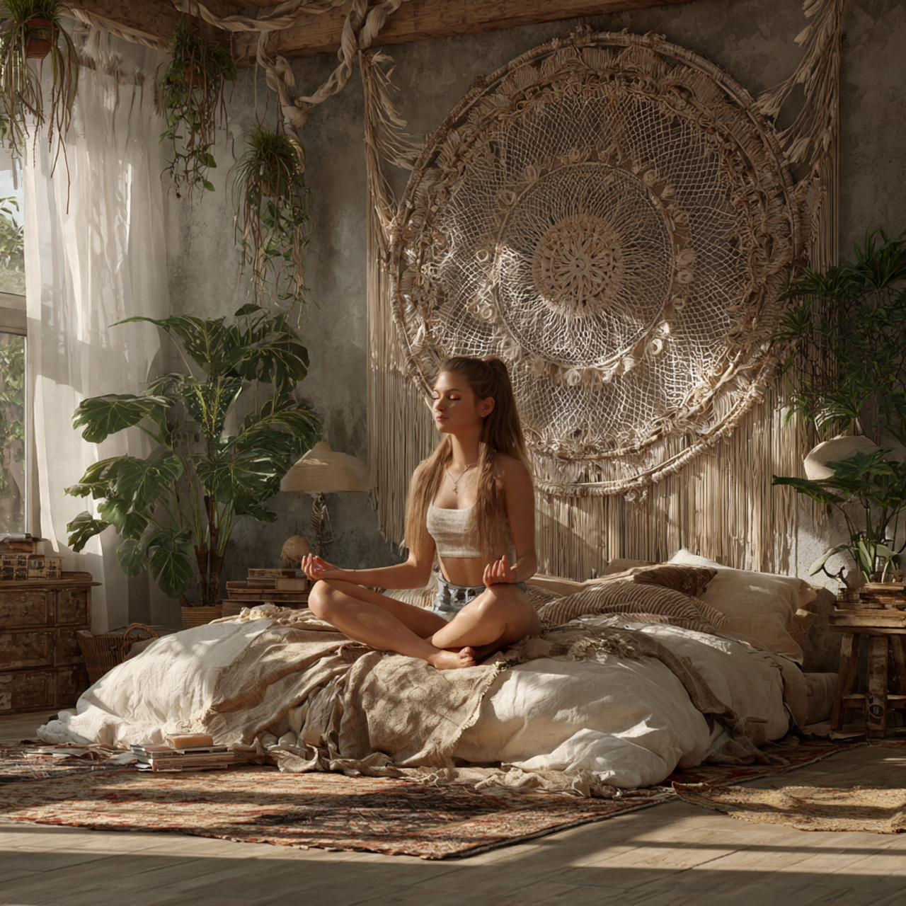 a bohemian bedroom featuring a large handcrafted
