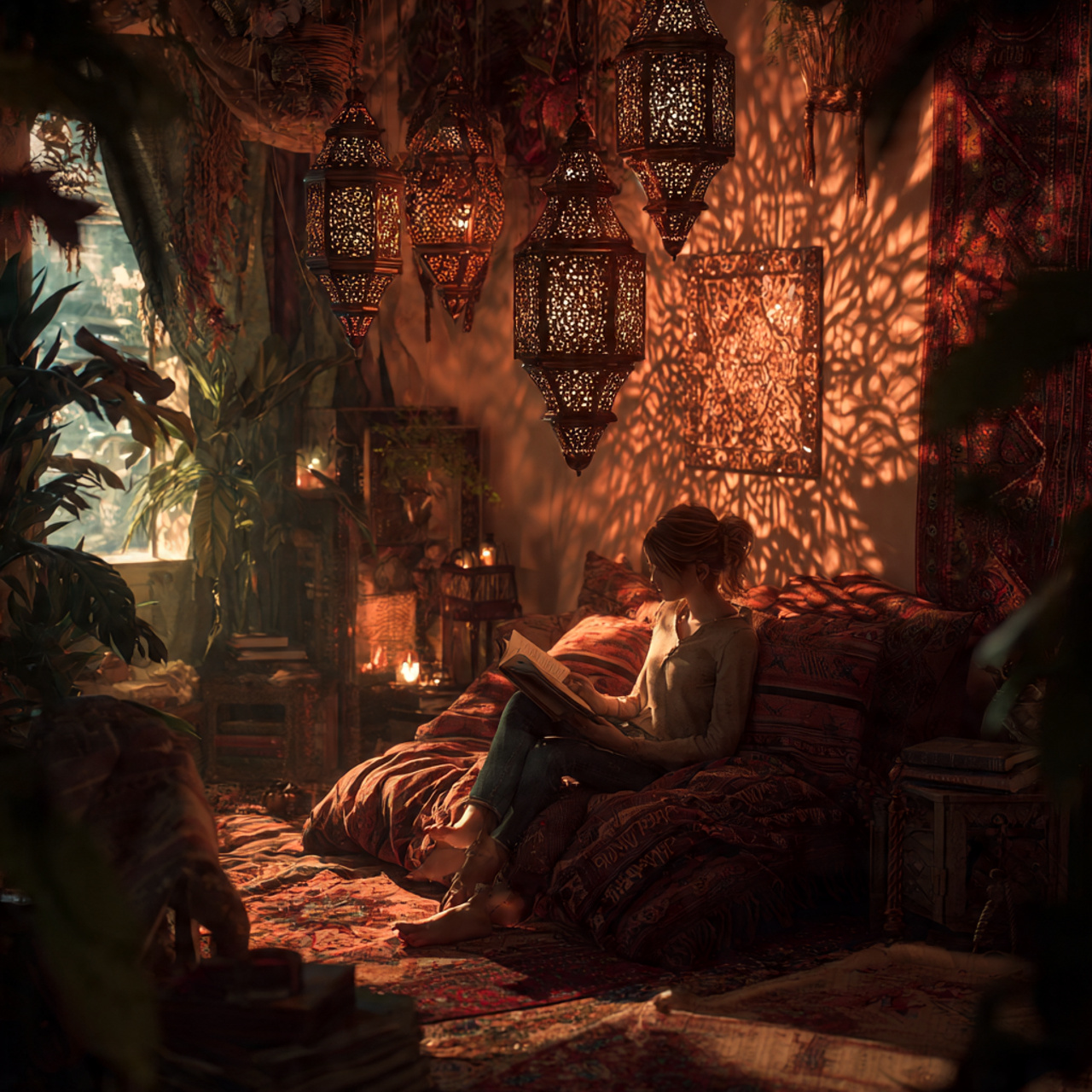 a bohemian bedroom illuminated by ornate moroccan