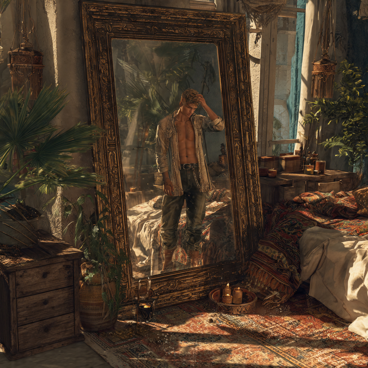 a bohemian bedroom with an oversized antique