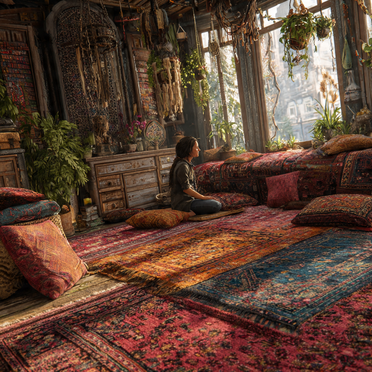 a bohemian bedroom with multiple layered persian
