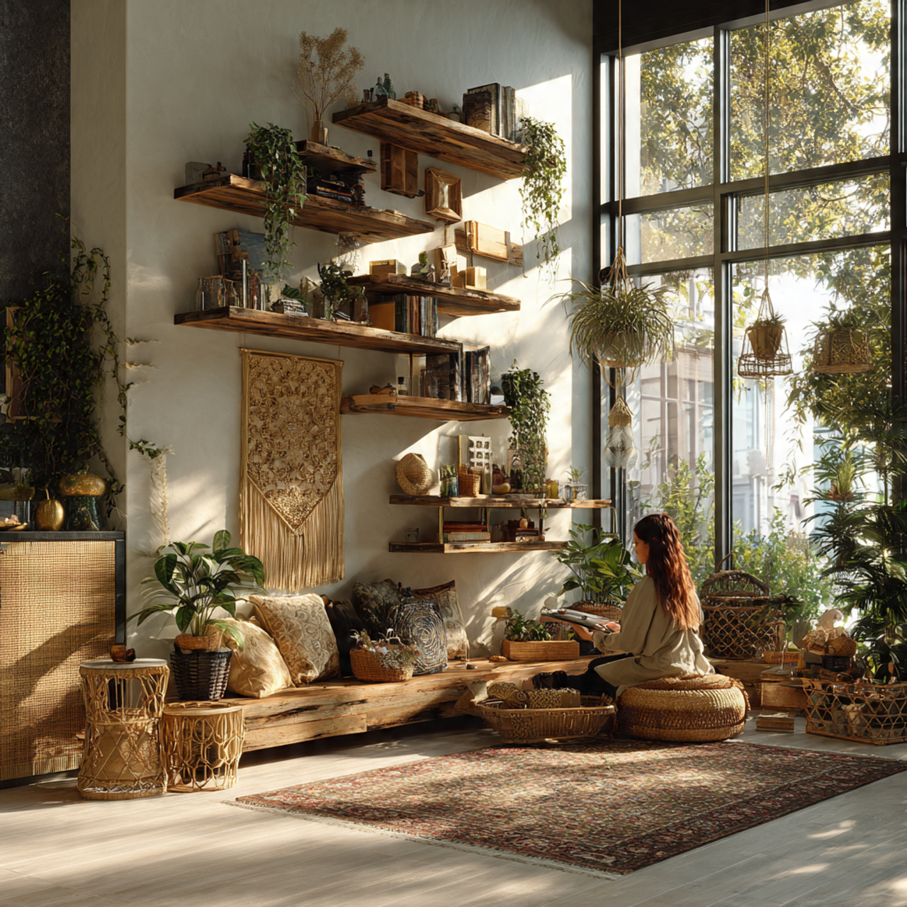 a bohemian bedroom with reclaimed wood floating
