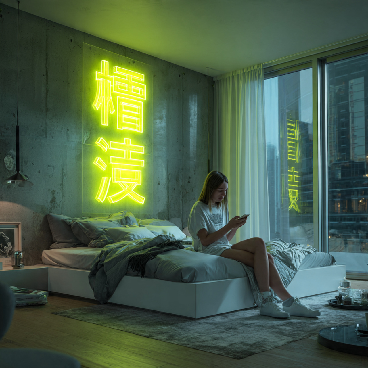 a bold modern bedroom featuring chartreuse neon