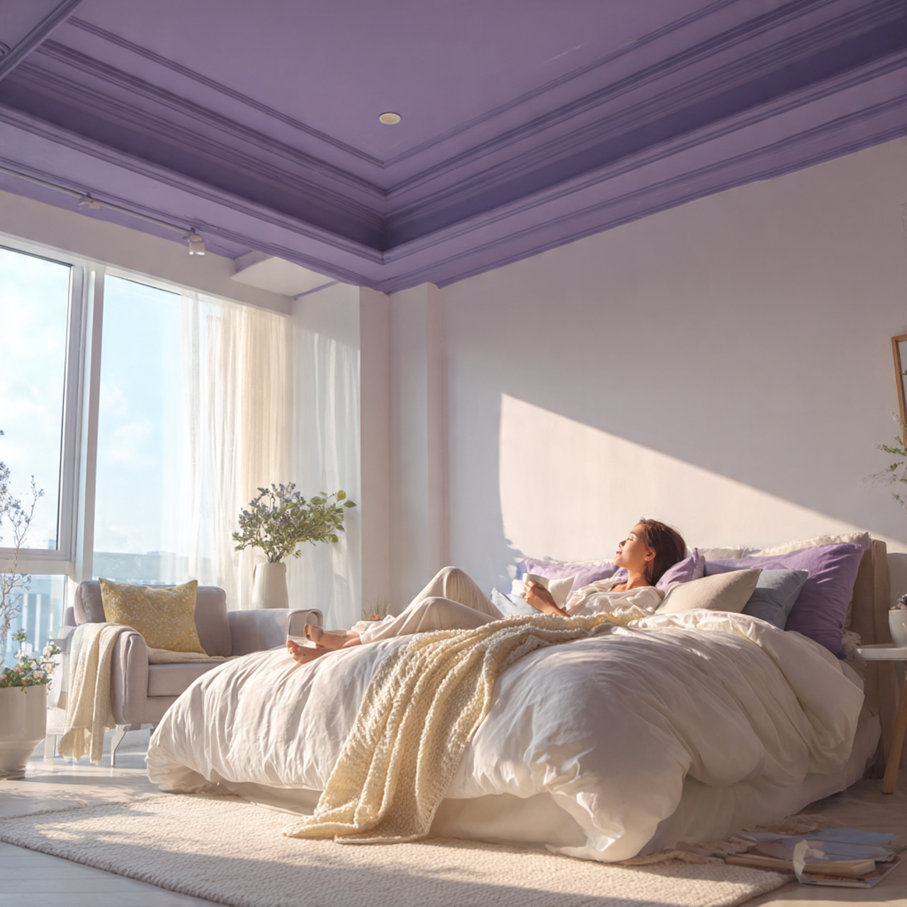 25 Purple Bedroom Decor Ideas That Feel Luxurious, Calm & Stylish 21 a bright bedroom featuring a pastel purple