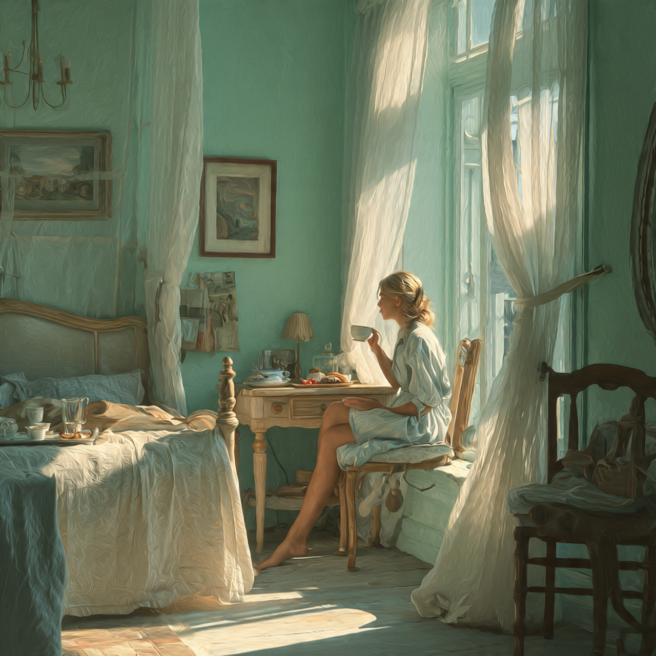 a bright bedroom with mint pastel green