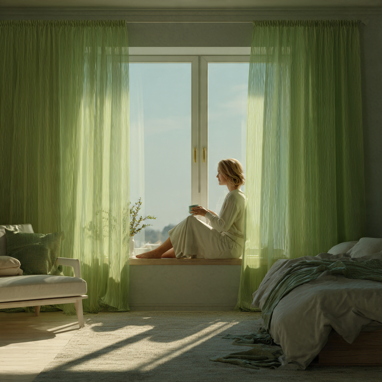 a bright bedroom with pear green sheer