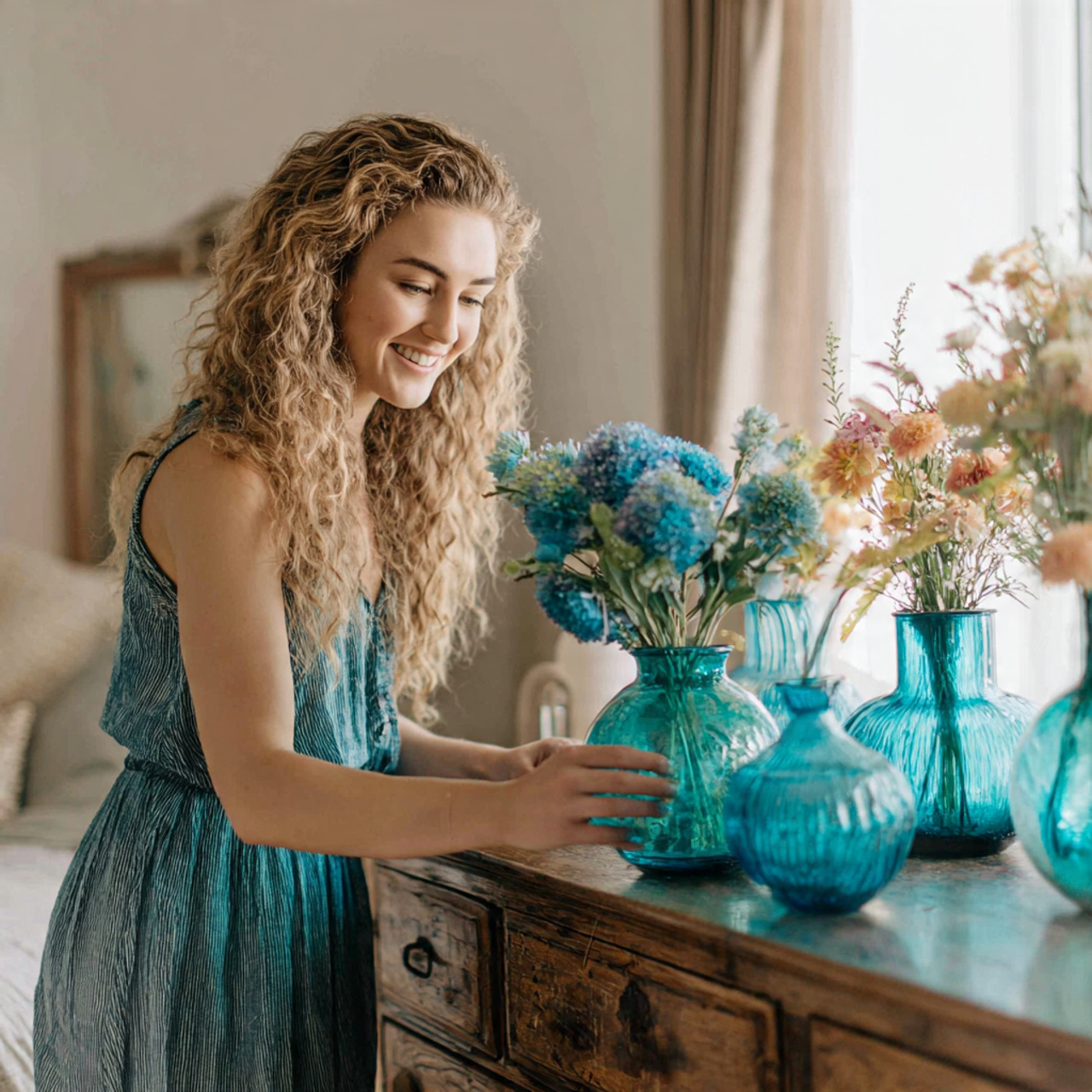 25 Blue Bedroom Decor Ideas That Inspire Calm, Style & Luxury 10 a bright bedroom with turquoise glass decorative