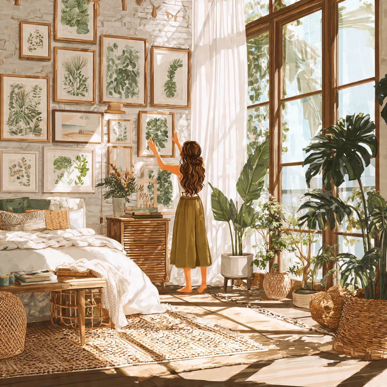 a bright bohemian bedroom featuring a gallery