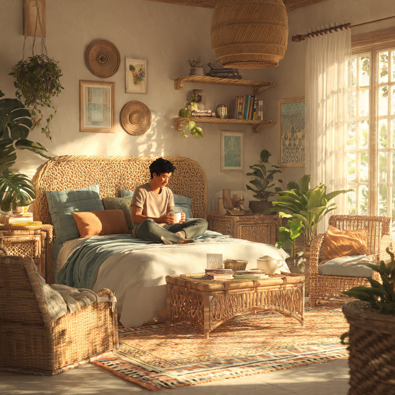 a bright bohemian bedroom with rattan headboard