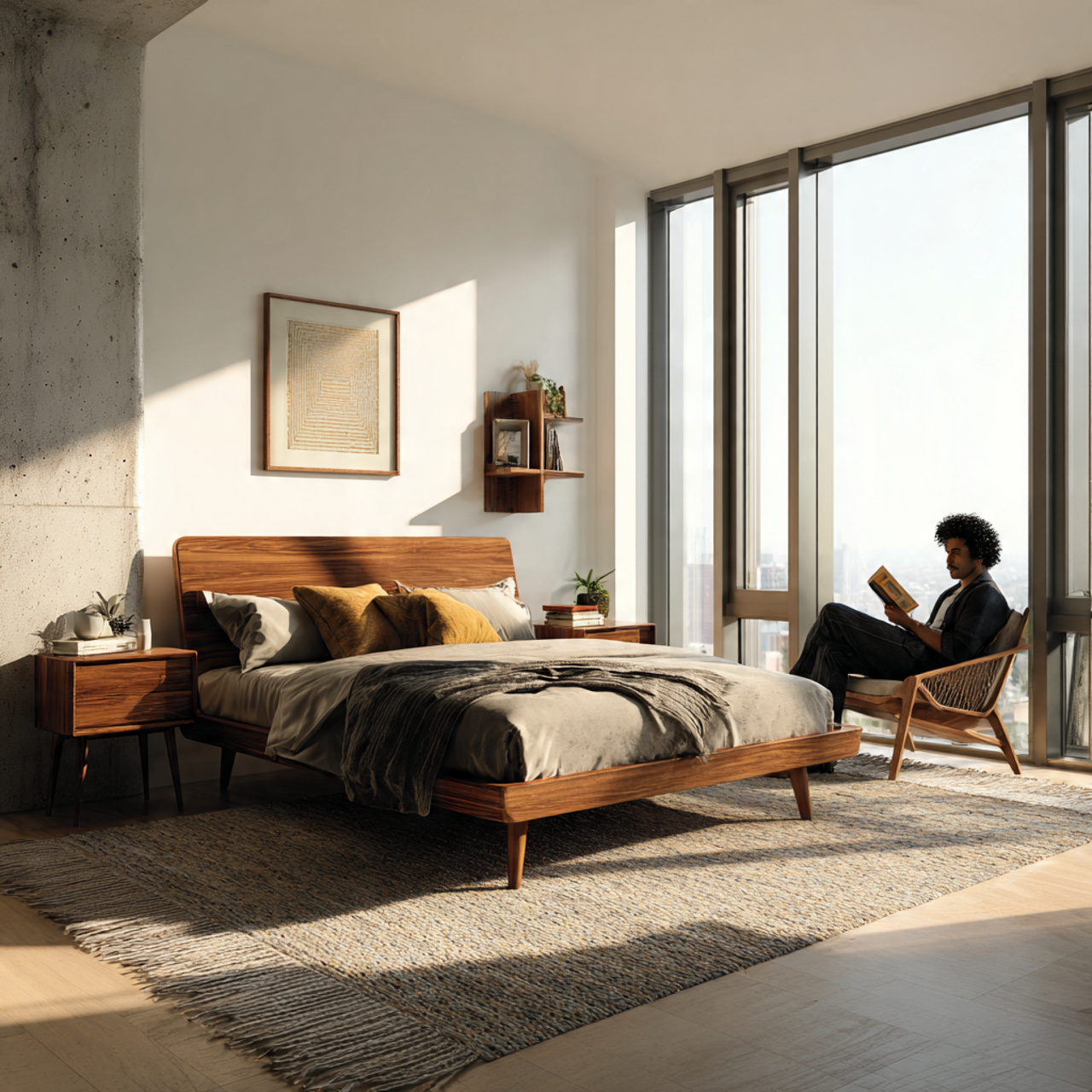 a bright mens bedroom featuring mid century modern